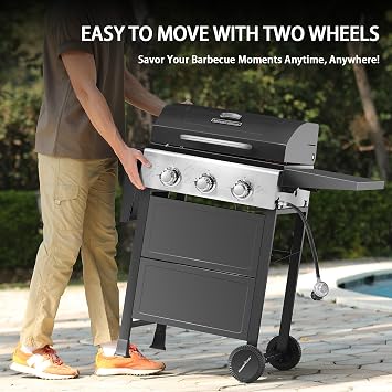 MASTER COOK 3 Burner BBQ Propane Gas Grill, 472 Sq. In. Cooking Area, 30,000 BTU Stainless Steel Barbecue Grill with Two Foldable Shelves for Outdoor Patio, Backyard