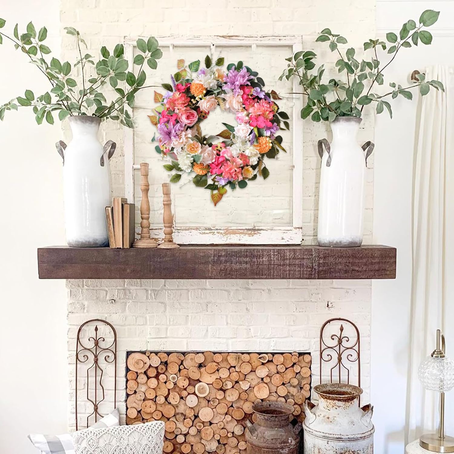 22-inch Pink Front Door Wreath Spring Artificial Rose Wreath Spring Summer Front Door Hallway Indoor Outdoor Decorative Festive Wedding Decorative