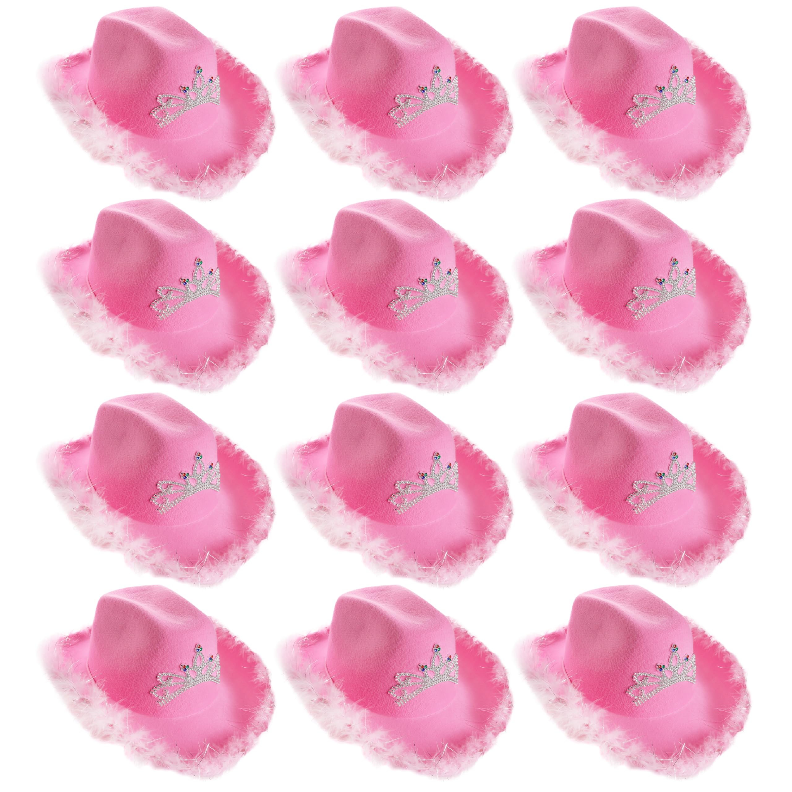 Tiara Cowgirl Hats - Pack of 12 - Pink Cowgirl Hat with Tiara Decoration and Marabou Trim - Adults Music Festival Fancy Dress Accessory
