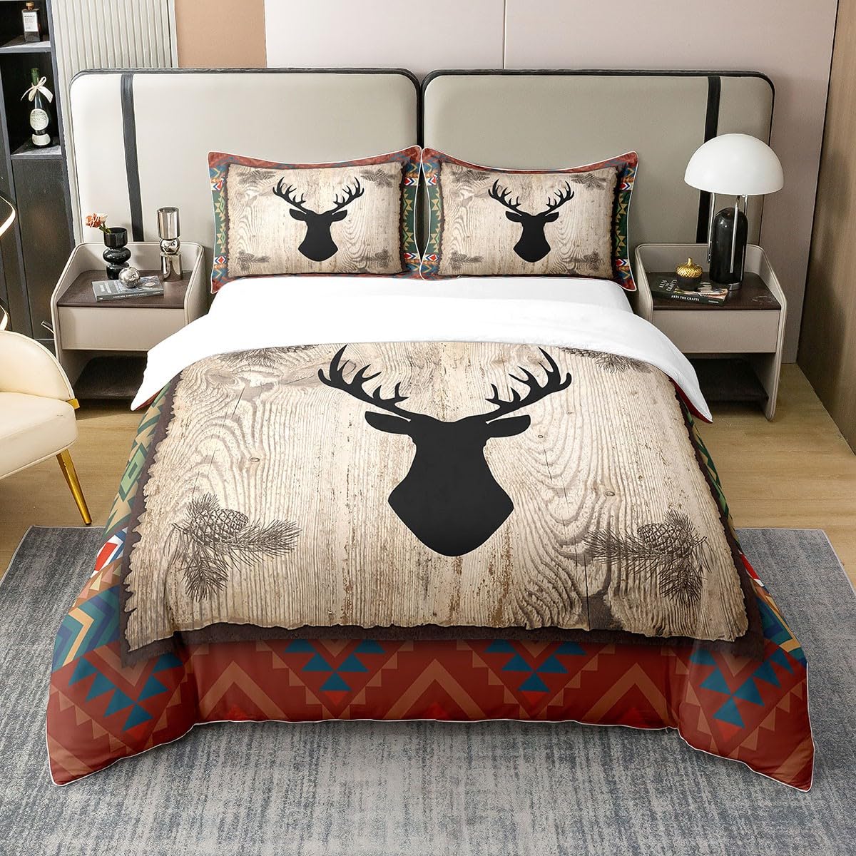 Homewish Hunting Deer Bedding 100% Cotton Set Farmhouse Old Barn Door Duvet Cover Super King Rustic Aztec Comforter Cover Ethnic Tribal Western Style Quilt Cover Cabin Lodge Decor with 2 Pillow Cases