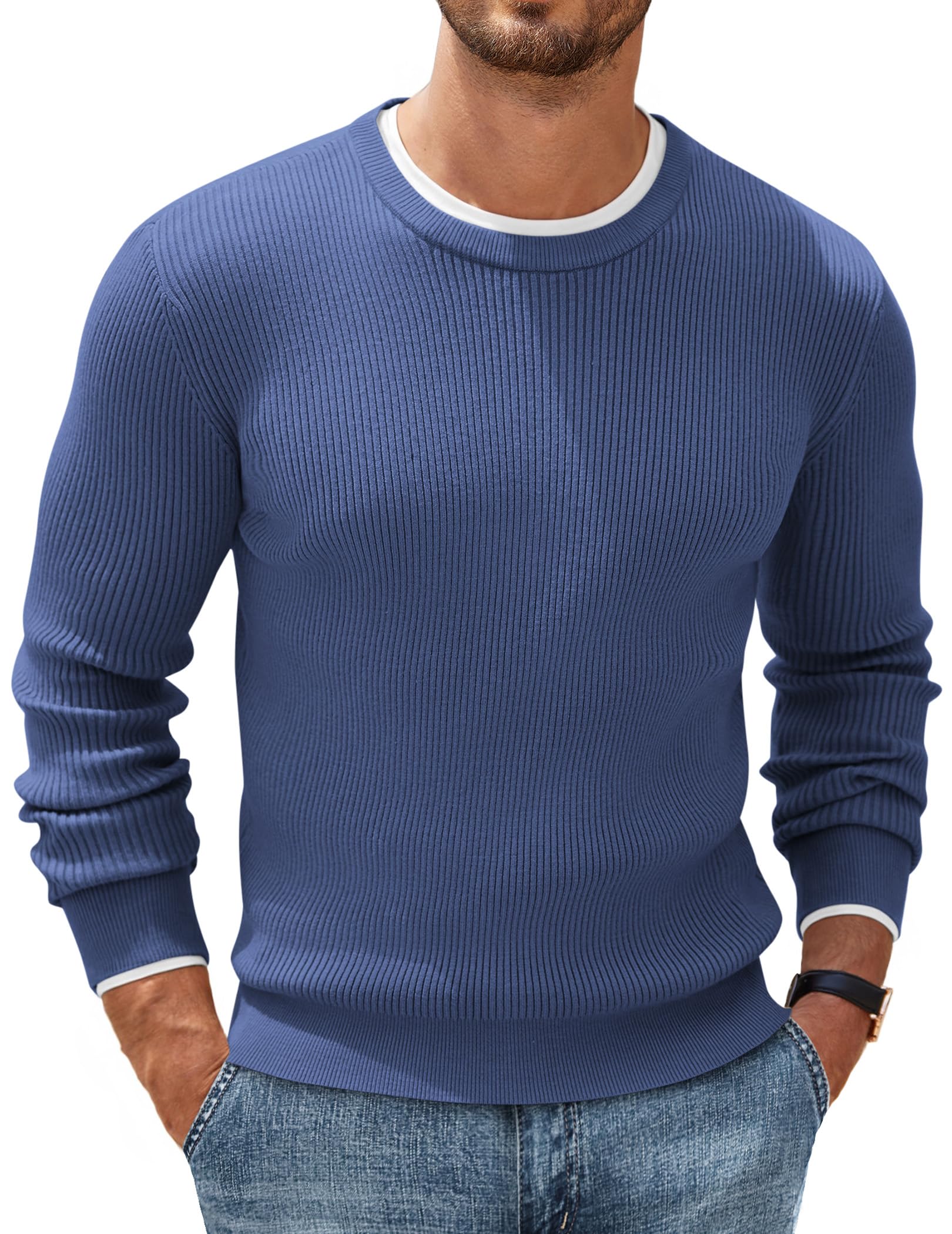 COOFANDY Herren Rundhals Pullover Basic Strickpullover Feinstrick Business Pullover Männer Ribbed Sweater Pulli Winterpullover
