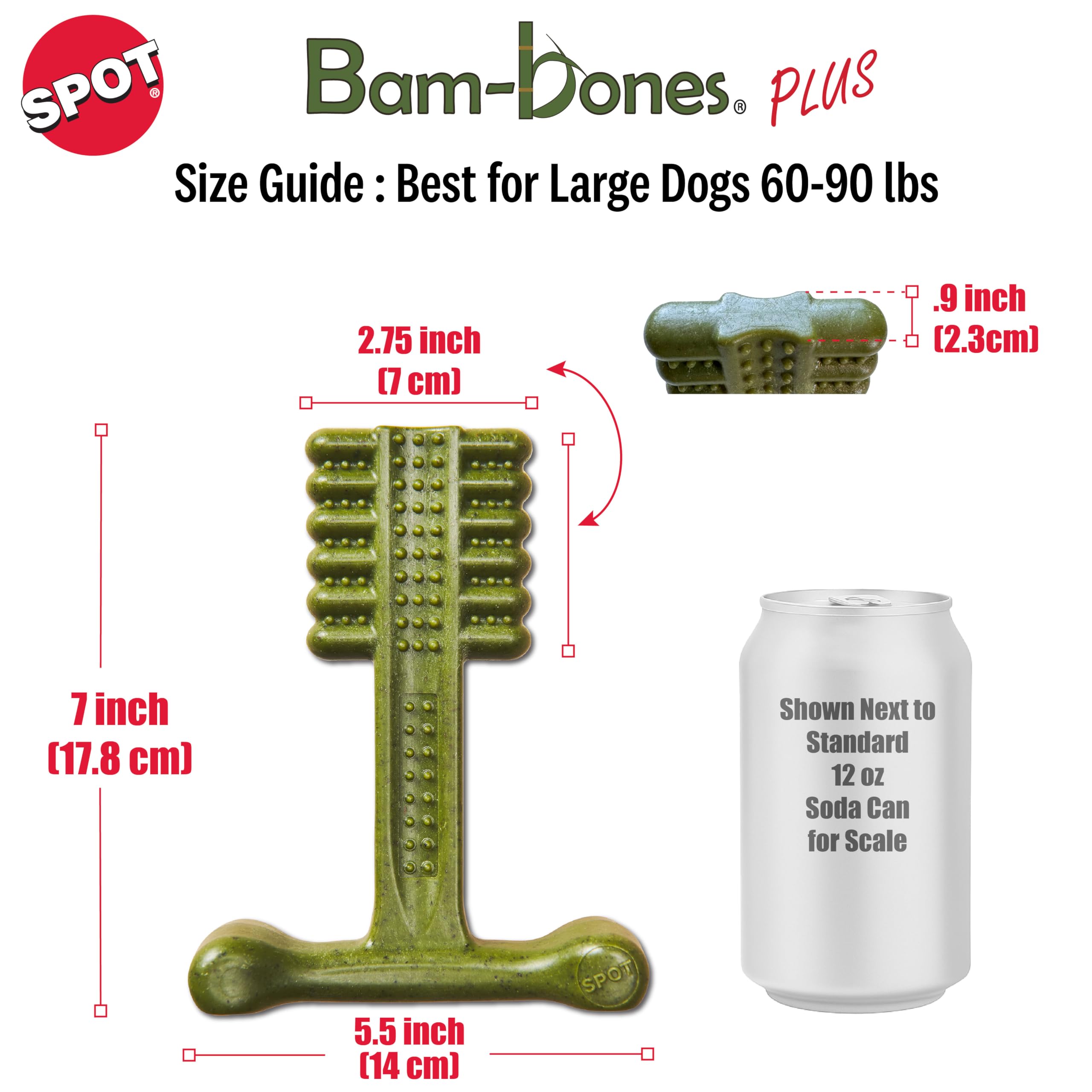 SPOT Bam-Bones Plus - Cepillo de dientes para perros, masticable dental de fibra de bambú duradera y nailon, menta fresca y bicarbonato de sodio para el cuidado dental, forma de hueso en T fácil de