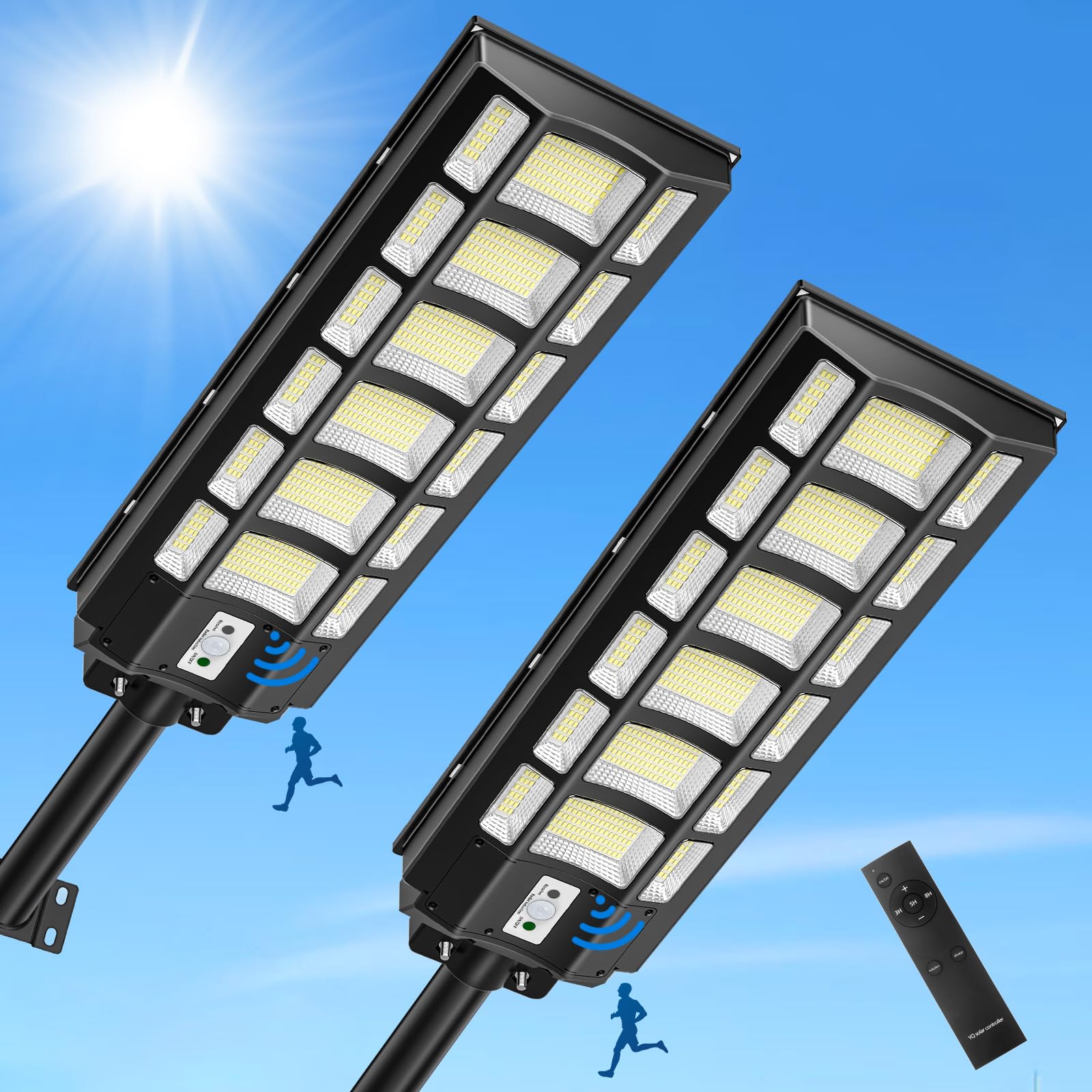 Viugreum 2 Stück-2000W Solar Straßenlaterne für Außen, 20000Lm Solarlampen mit Bewegungssensor, 6500K IP67 Wasserdichte Solarleuchten Superhelles LED Solar Strahler Außen für Garten, Hof Garage