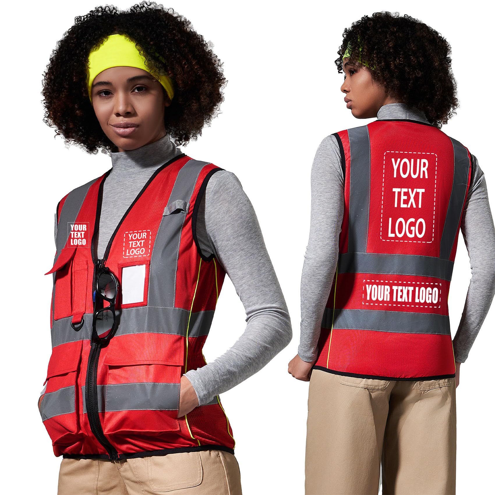 AYKRM personalised Red Women Hi Vis Vests Red High Visibility Reflective Safety Security Vest with Pockets zipper