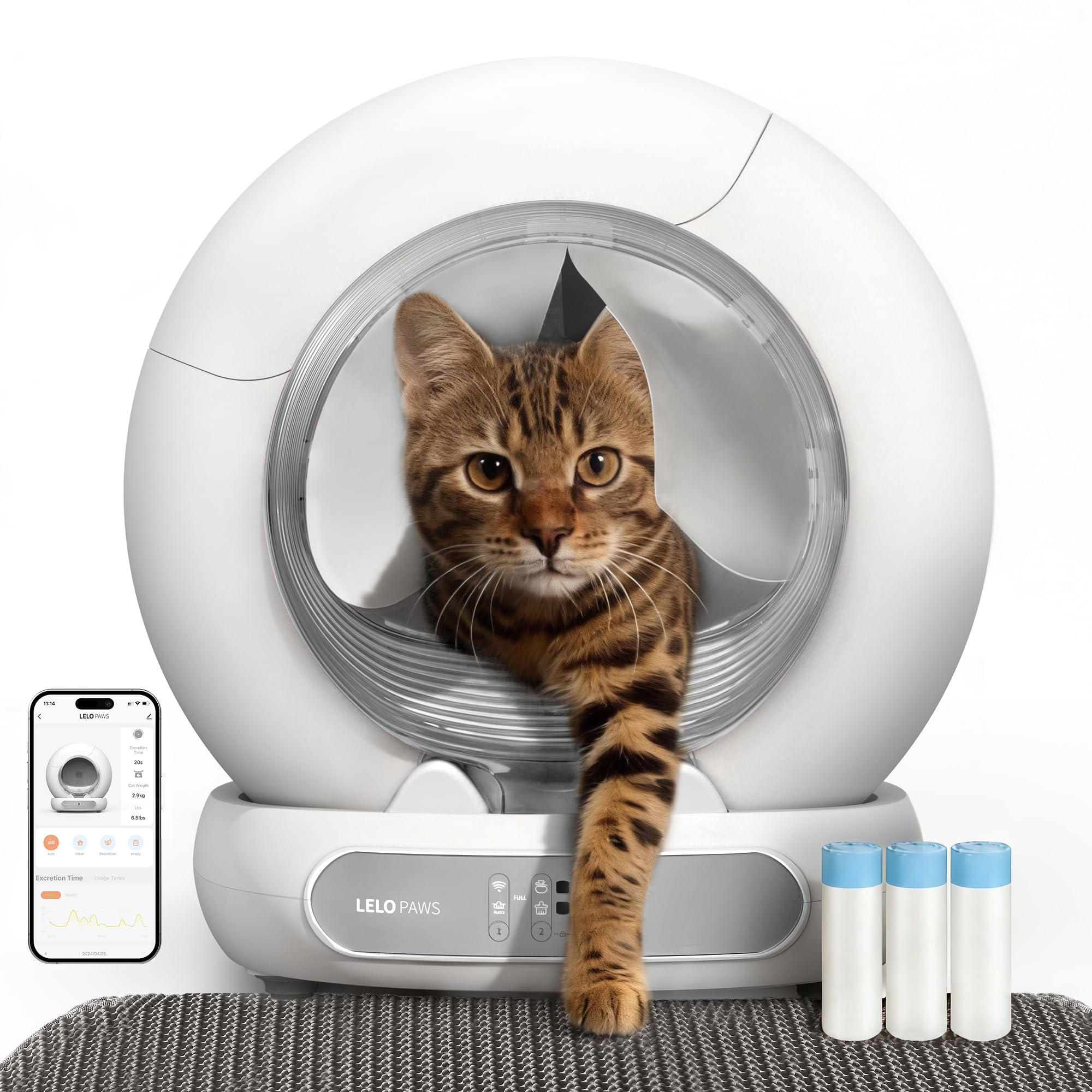LELOPAWS Selbstreinigende Katzentoilette, 65+9L Katzenklo Selbstreinigend mit Türvorhang, Müllbeutel, Matte, APP Steuerung, Desodorieren, Sicher, Elektrisches Katzenklo XXL für Mehrere Katzen, Silber