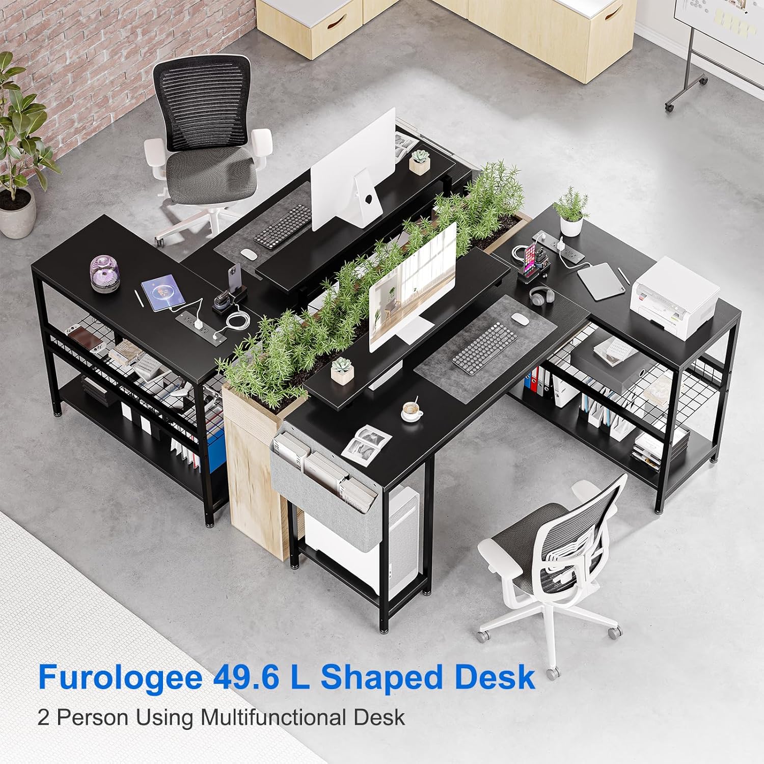 Jojoka L Shaped Computer Desk with Power Outlets & LED Light, 49.6" Reversible Corner Computer Desk with Storage Shelves & Monitor Stand, Home Office Desk, Gaming Desk, Writing Desk (Black)
