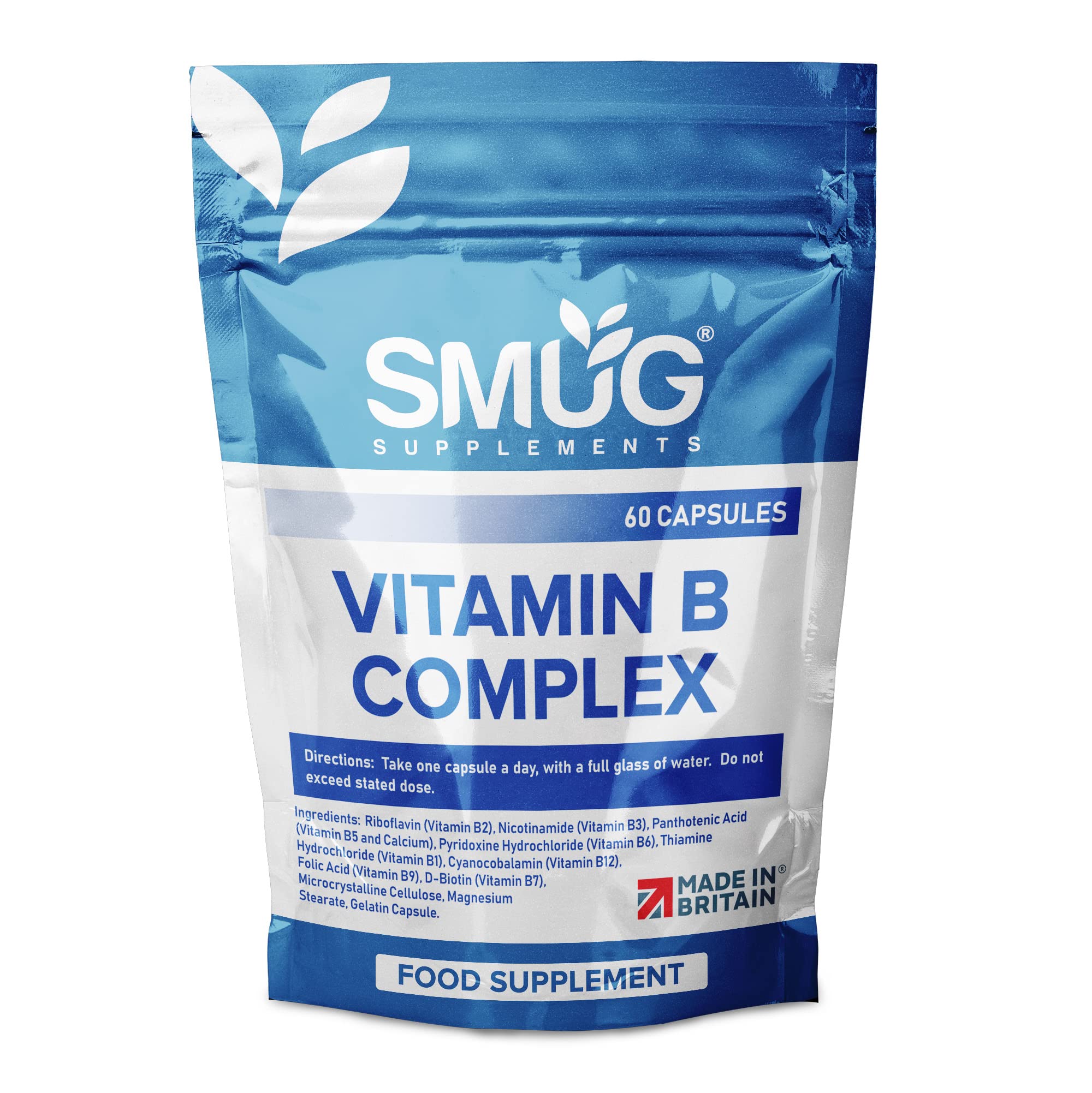 SMUG Supplements Vitamin B Complex Capsules - 60 High Strength Pills - Supports a Healthy Metabolism and Can Reduce Tiredness and Fatigue - Suitable for Men and Women - Made in Britain