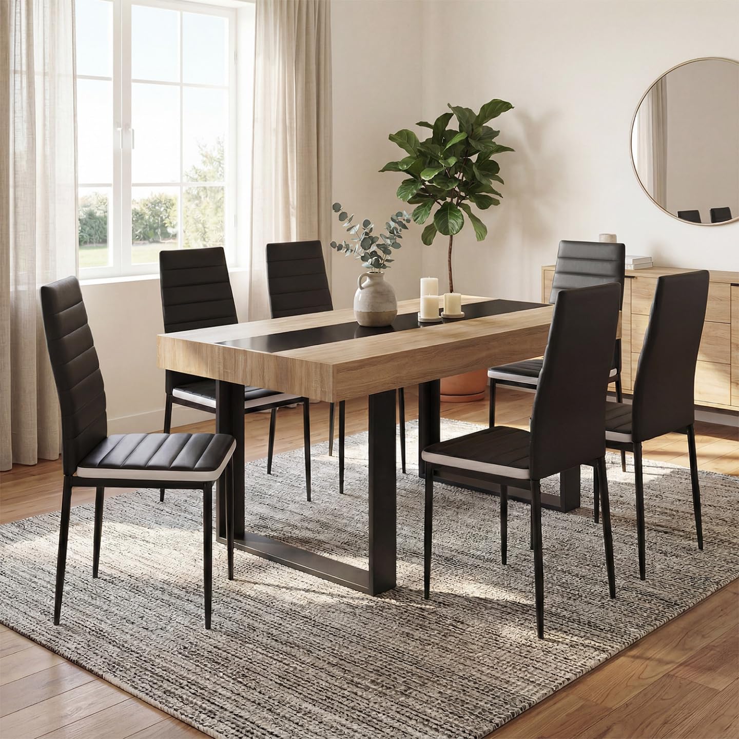 IDMarket - Juego de mesa de comedor rectangular Phoenix en madera y franja central negra de 160 cm y 6 sillas Novelas negro blanco medio