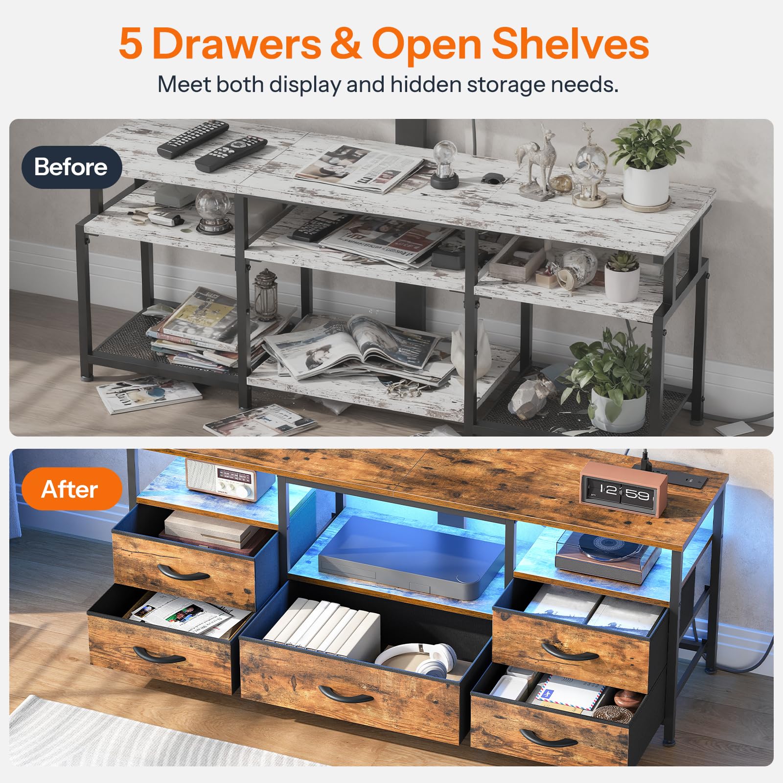 HOOBRO TV Stand with Mount and Power Outlet, for 32/45/55/60/65 inch TVs, Swivel Led Entertainment Center with Drawers, Adjustable Media Console for Living Room, Bedroom, Rustic Brown BF130UDDS01