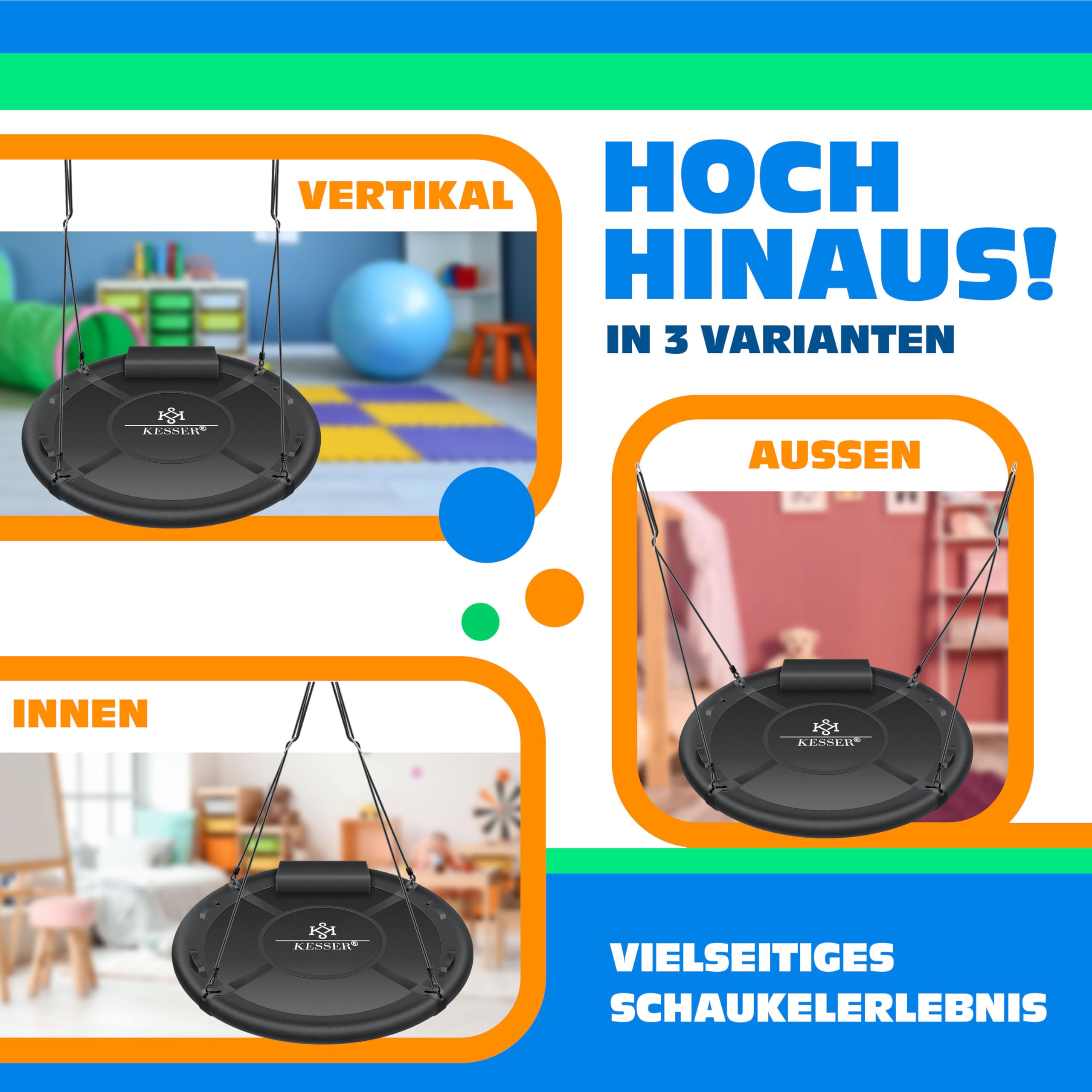 KESSER® Columpio nido, columpio redondo, diámetro de 120 cm, soporta hasta 300 kg, con cojín y 4 asas, ajustable, para interior y exterior, para niños y adultos, antracita
