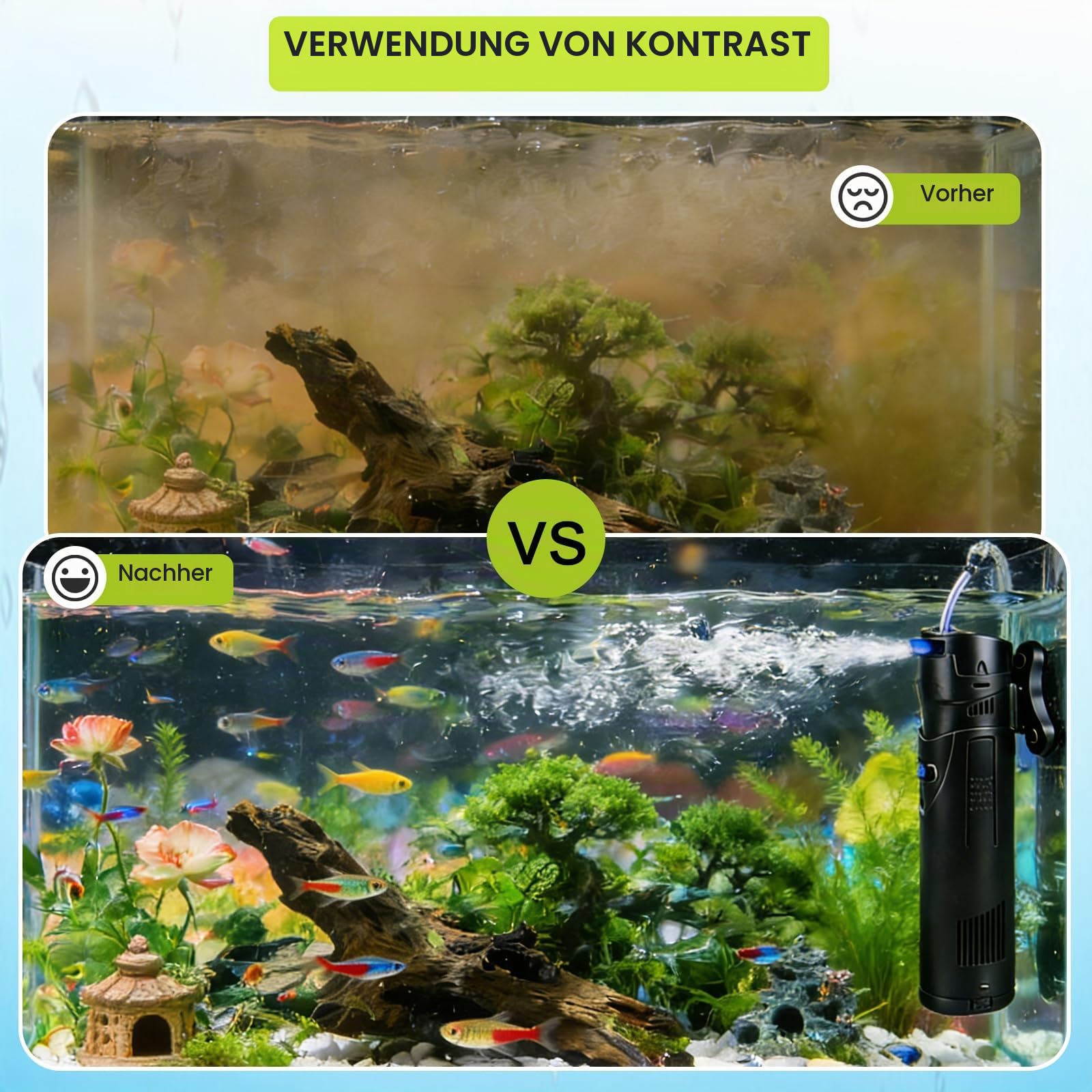 EXLECO 4 in 1 Aquarium 700L/H 18W Filter mit 7W UV Lampe UVC Klärer | Inennfilter, Aquariumfilter für Tank 150-300L, Aquarien Filterpumpe Skimmer Schwammfilter für Aquarien Filtermaterial