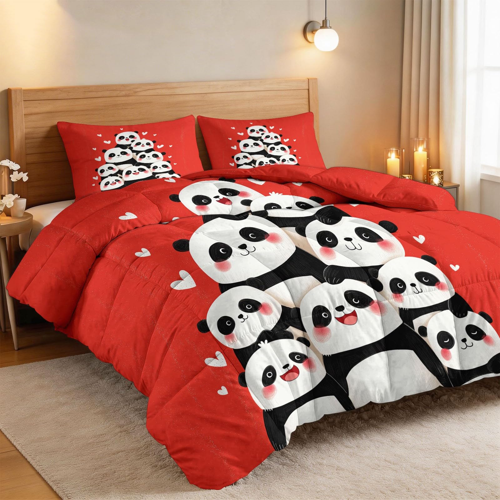 Süße Pandagruppe Herzen Bettdecke 220 x 240 cm 4 Jahreszeiten Steppdecke, Cartoon-Tiere Waschbare Ganzjahresdecke Babys Kleinkinder Bettwaren Set Babyzimmer Kinderzimmer Bettdecke Ohne Bezug