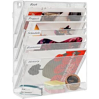 TQVAI Desk Organiser, 6 Compartments Magazine Holder, Wall Metal Document Organiser, Paper A4 Flyer Holder, Mail Sorter, Docu