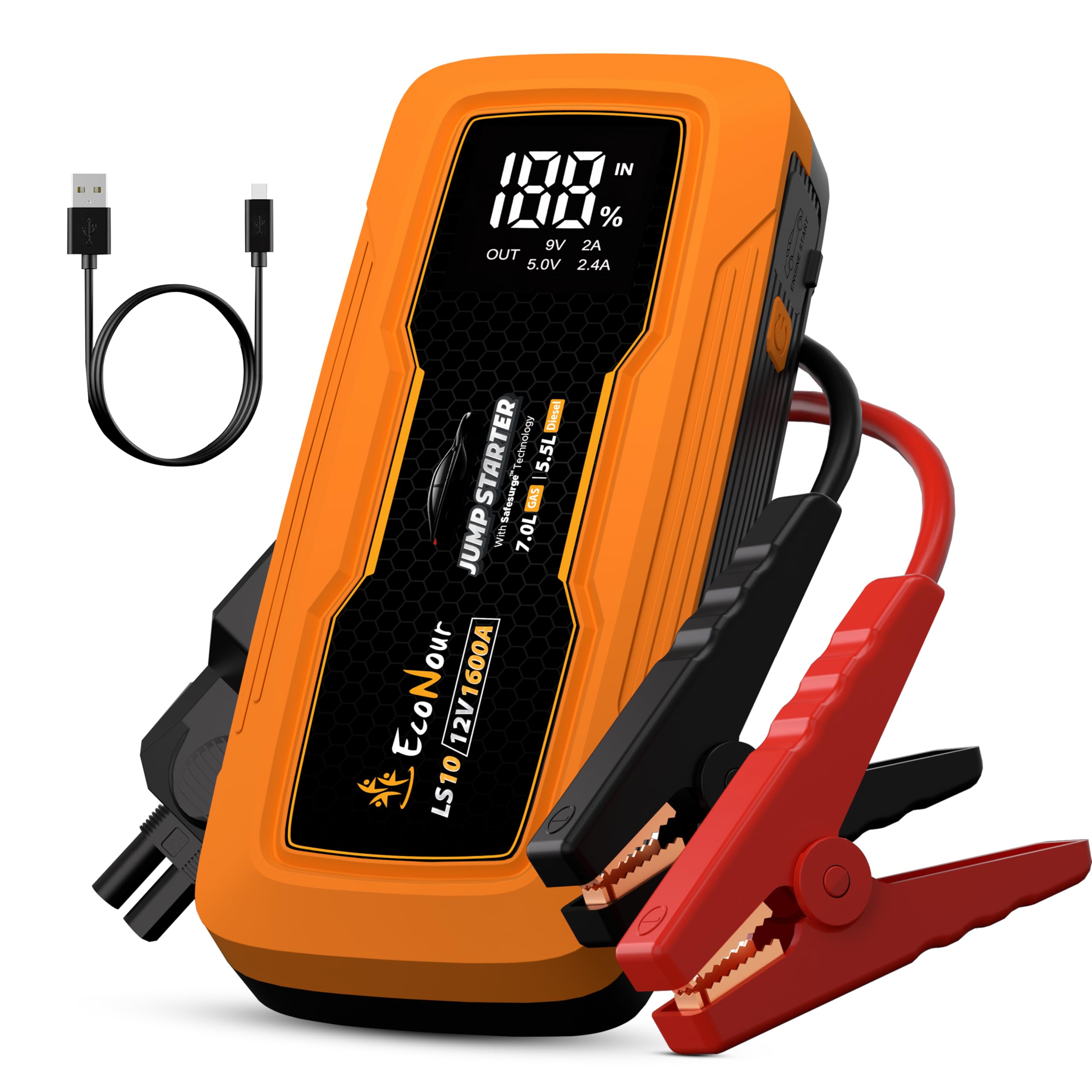 EcoNour Portable Car Battery Jump Starter | 1600A Jump Starter | Car Battery Booster with LED Flashlight & Charger Cable | Ideal Up to 7L Gas/5.5L Diesel Engines | Compatible with Honda, Toyota & Ford