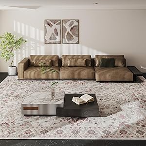 Vintage 9x12 Washable Area Rug, Low-Profile Large Area Rug with Non-Slip Backing & Durable Edge Binding, Pet-Friendly Carpet, Large Rug for Living Room, Bedroom & Dinning Room
