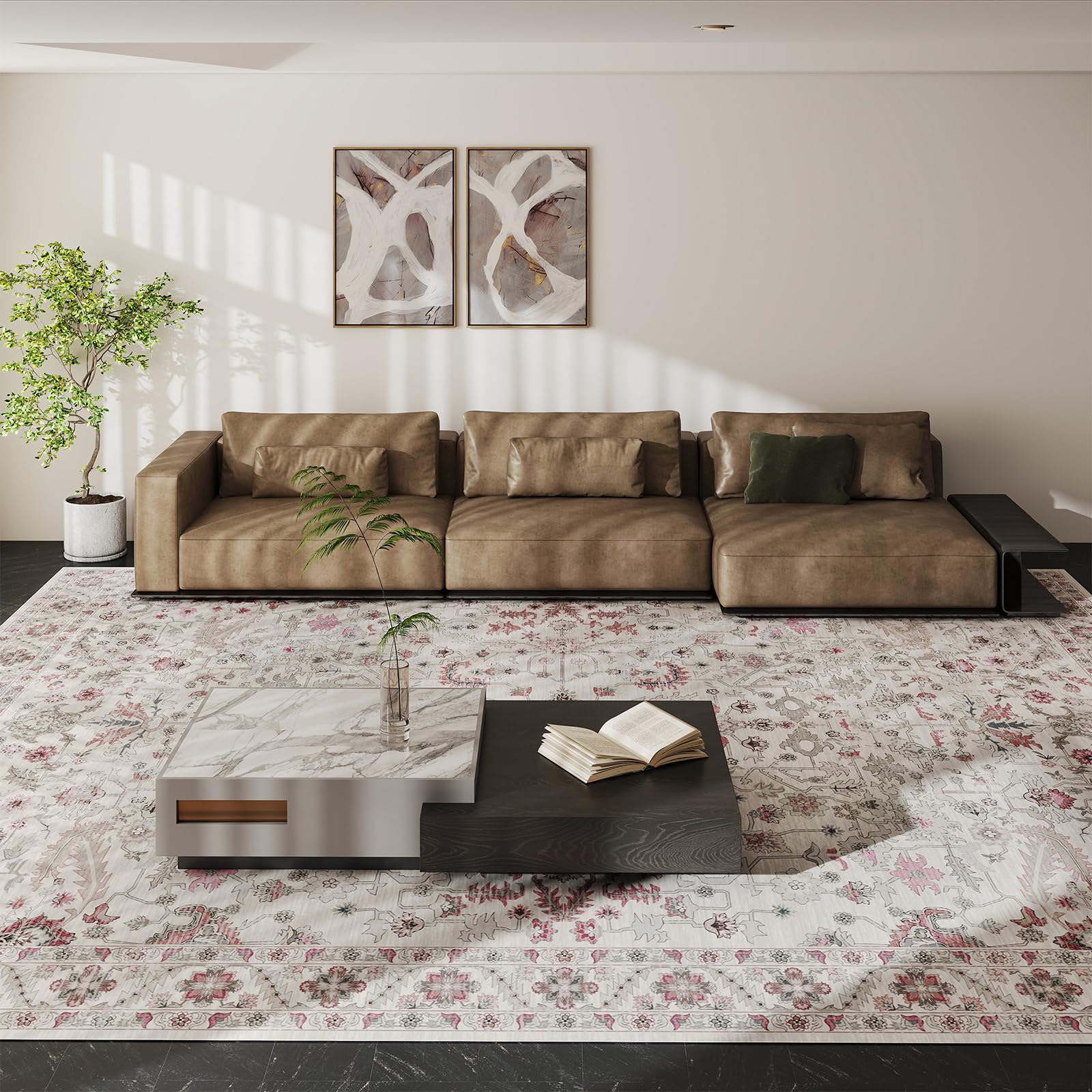 Vipfree Vintage 8x10 Washable Area Rug, Low-Profile Large Area Rug with Non-Slip Backing & Durable Edge Binding, Pet-Friendly Carpet, Large Rug for