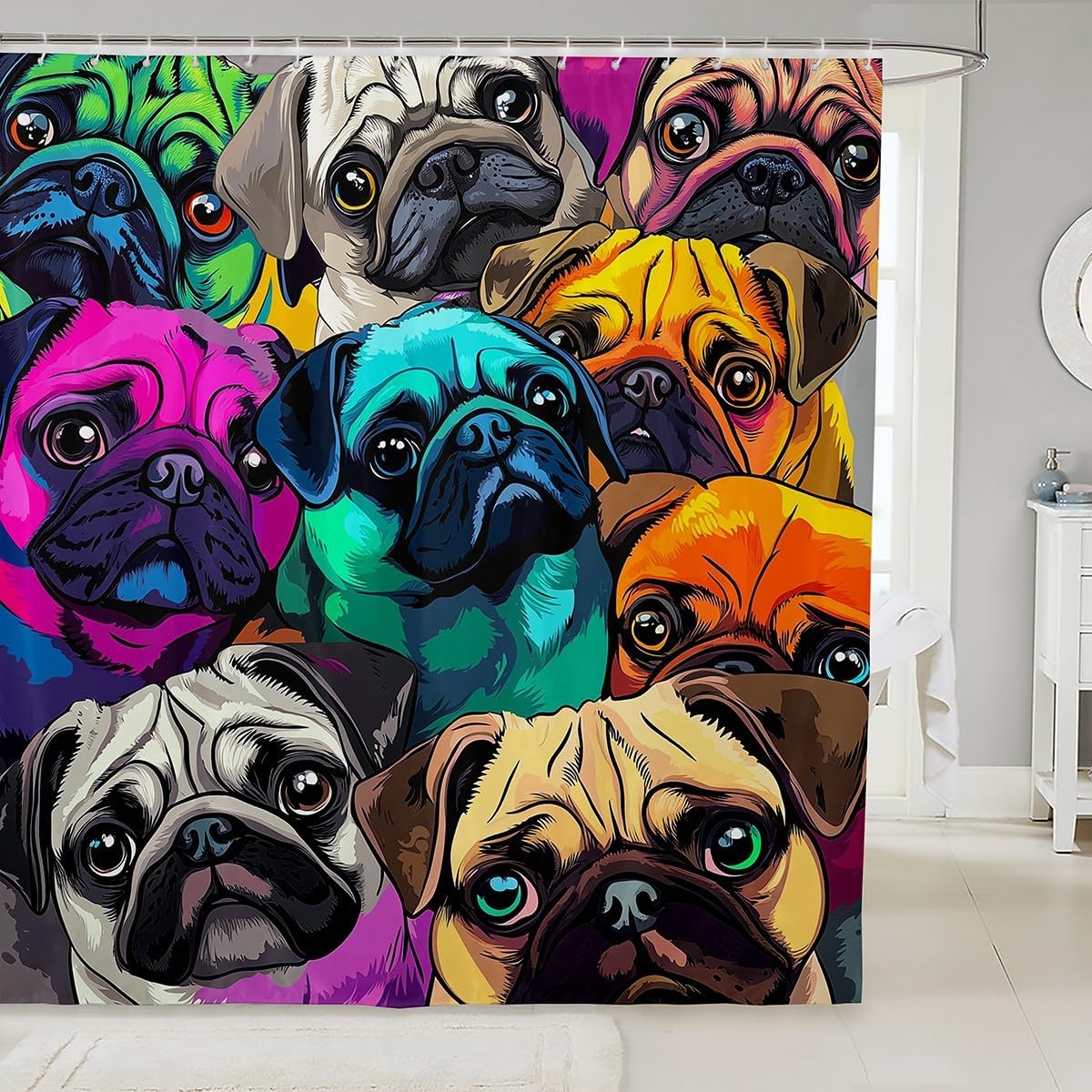 Erosebridal Pug Shower Curtain Lovely Pug Dog Bath Curtain Colorful Pugs Fabric Shower Curtains for Kids Boys Girls Cartoon Pet Animals Waterproof Curtain Sets for Stalls Bathtubs 72" W x 84" L