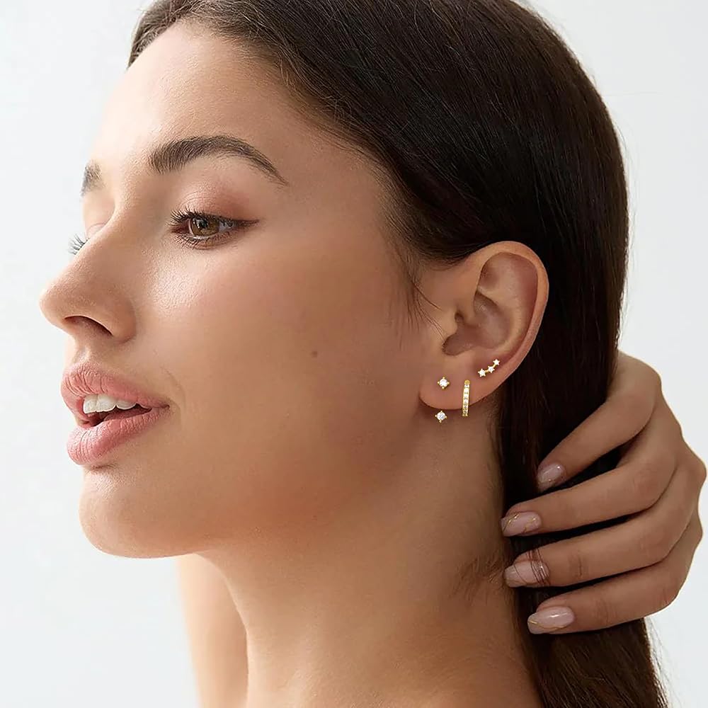 3 Pairs Trendy Small Earrings for Women, Gold Plated Hypoallergenic Stud Huggie Jacket Stack for Cartilage Helix, Dainty Cute Women Fashion Accessories Birthstone Western Jewelry Gifts