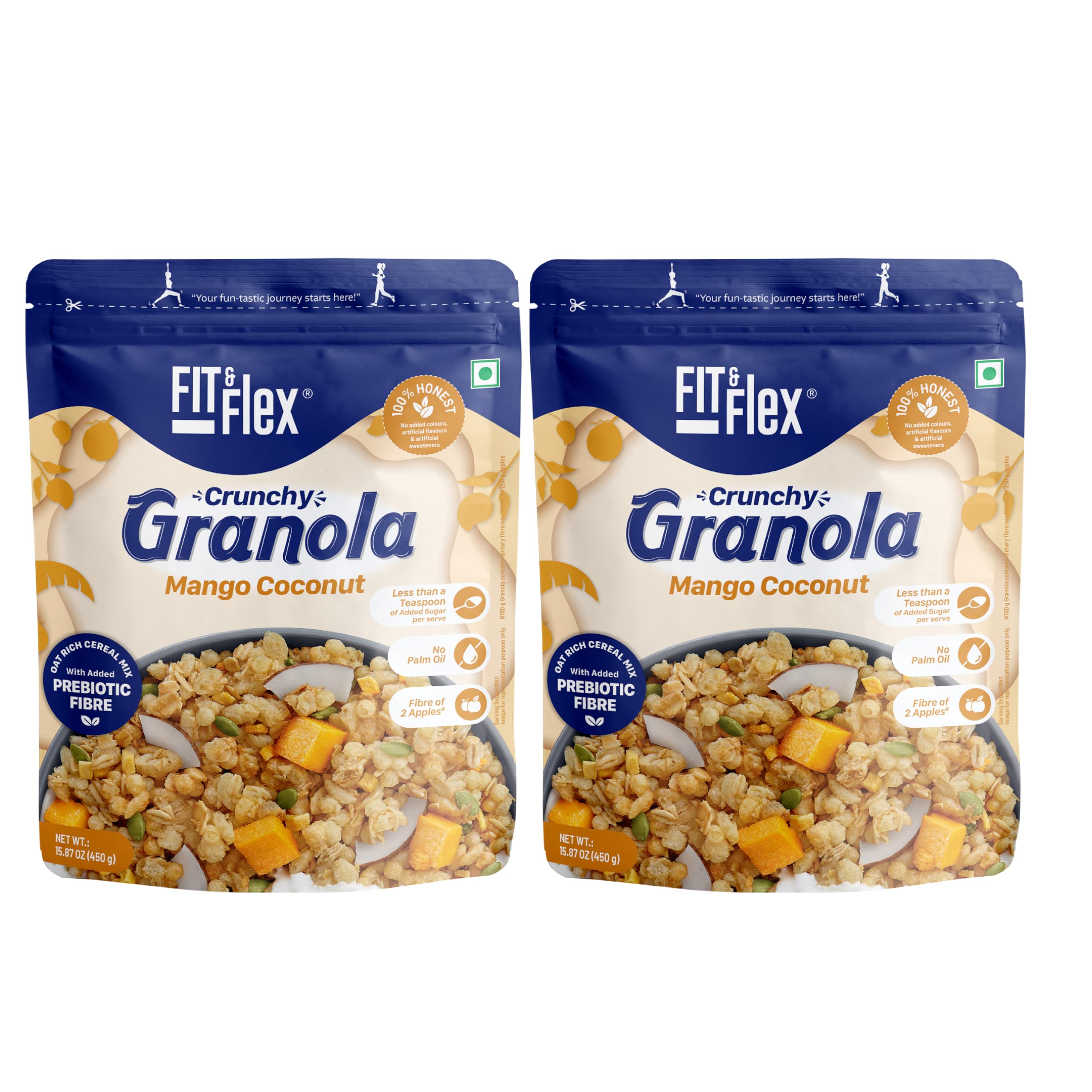 Fit & Flex Baked Crunchy Granola | Mango Coconut| Oat Rich Cereal with High Protein and Fibre | Ready to Eat Healthy Granola for Breakfast | Real Freeze Dried Fruits Snacks-450 GM (Pack of 2)