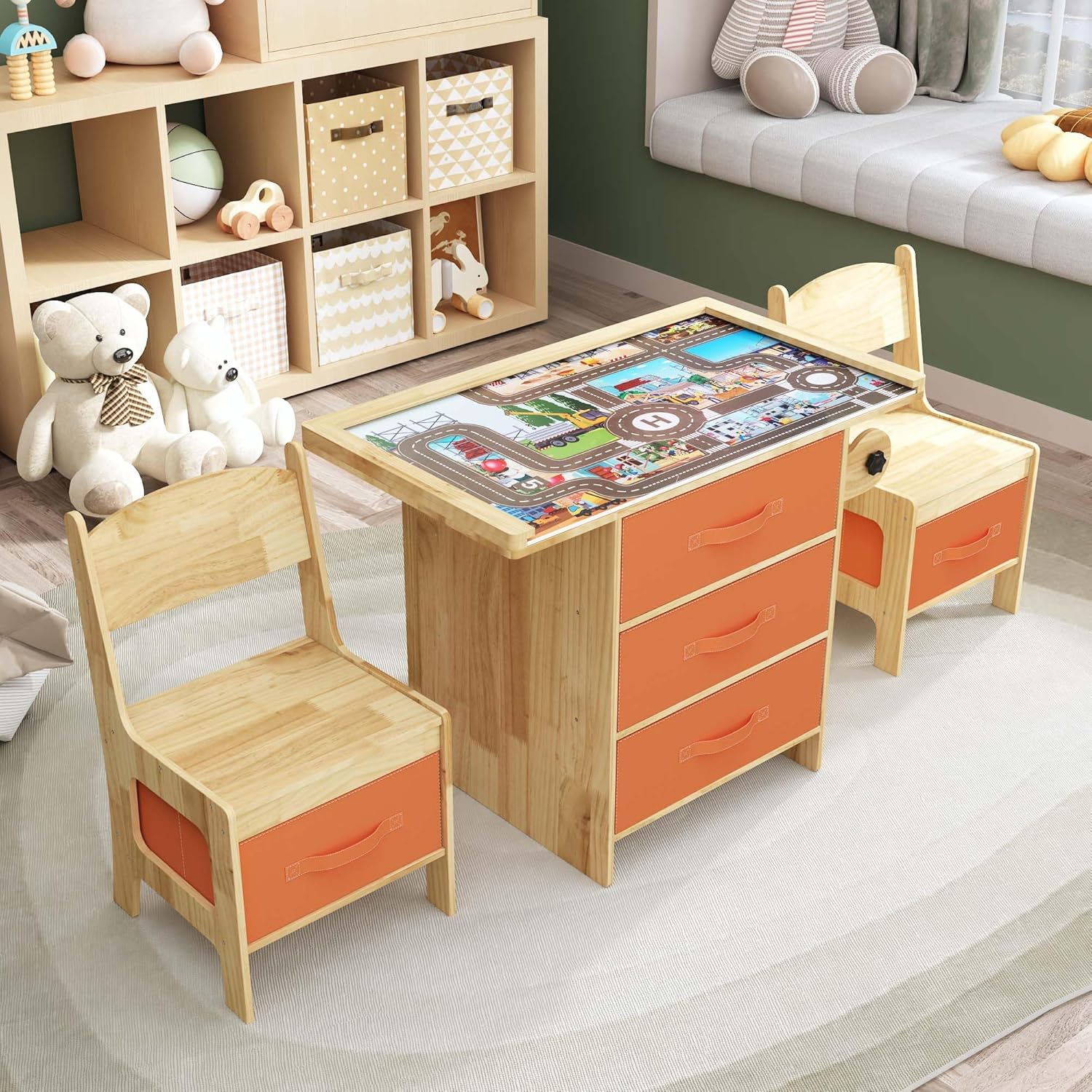 Pine Wood Kids Table and Chair Set 3 in 1 Wooden Toddler Table with Storage, Children's Drawing Reading Desk, with Drawers & Storage Baskets, Natural