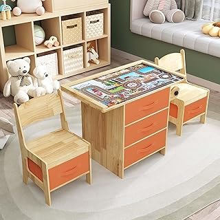 Pine Wood Kids Table and Chair Set 3 in 1 Wooden Toddler Table with Storage, Children's Drawing Reading Desk, with Drawers & Storage Baskets, Natural