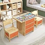 Timechee Pine Wood Kids Table and Chair Set 3 in 1 Wooden Toddler Table with Storage, Children's Drawing Reading Desk, with Drawers & Storage Baskets, Natural