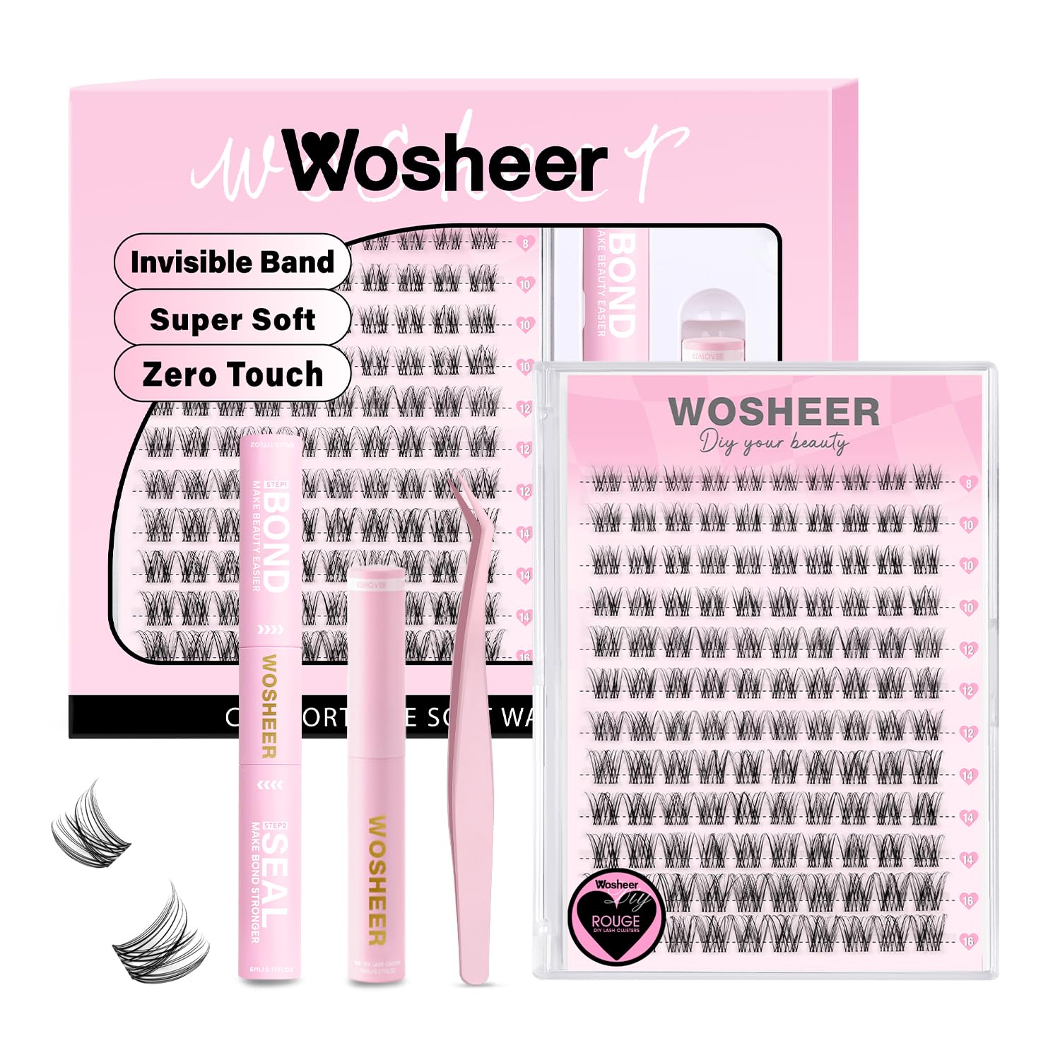 Wimpern Extensions Set, Lash Cluster Set, Wispy Natürliche Wimpern Cluster, D Curvature Diy Künstliche Wimpern with Bond and Seal & Remover (8-16mm, Rougee Set)