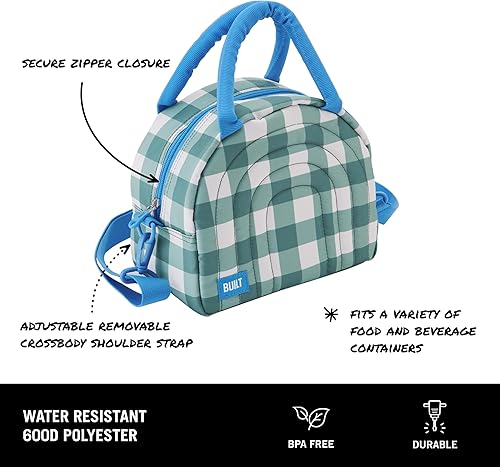 Miniatura 2 de BUILT Puffer Water-resistant Polyester Satchel, Lightweight Insulated and Reusable with Detachable Adjustable Strap, Mulberry Gingham