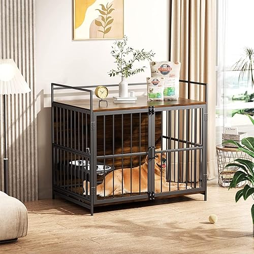 Miniatura 8 de ROOMTEC Mueble estilo jaula grande para perros con 360 y comedero elevado ajustable para perros con 2 cuencos de acero inoxidable, mesa auxiliar