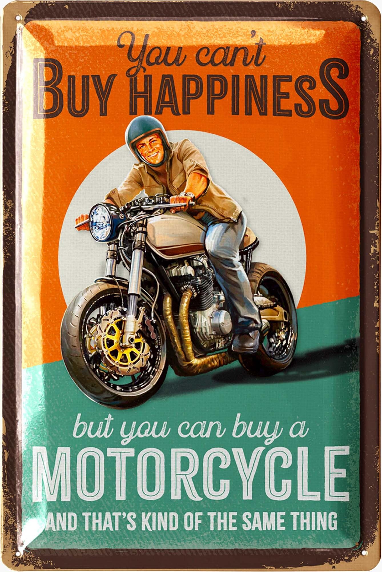 LANOLU Vintage Tin Sign Motorcycle You can't Buy Happiness - Motorcycle Signs for Garage, Vintage Motorcycle Wall Art Decor, Metal Motorcycle Sign, Motorcycle Enthusiast Gifts, 12x8"