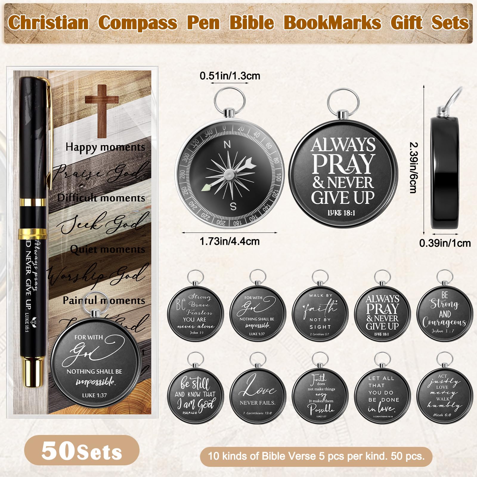Spakon Brújula cristiana con versículo bíblico grabado, brújula inspiradora con tarjeta religiosa, bolsa de polipropileno para agradecimiento, pastor, hombres, iglesia, bienvenida, domingo, oración