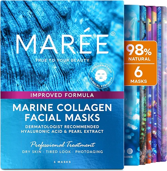 MAREE Collagen Facial Mask with Hyaluronic Acid - Hydrating Face Masks Skincare - Mascarillas Faciales For Women Skin Care - Multicolor, 6 Count