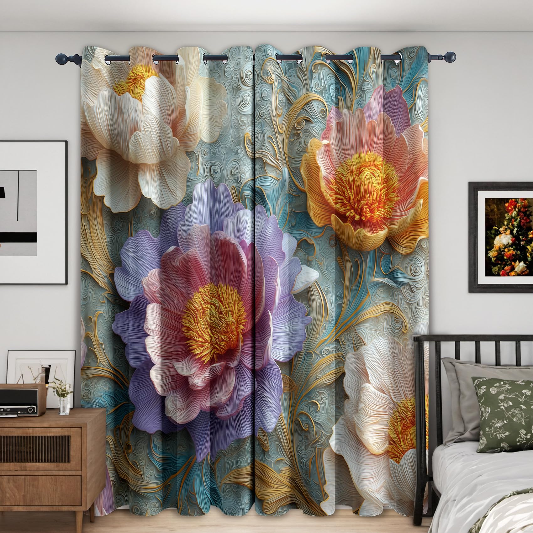 Colorful Floral Blackout Curtains for Bedroom, Art Flower Pattern Thermal Eyelet Drapes for Living Room, 90 x 108 Inch 2 Panels, Home Decoration - Y812