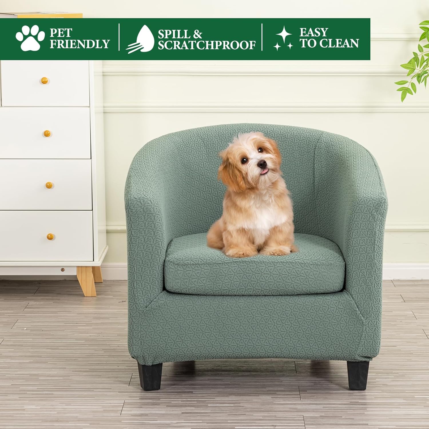 Club Chair Slipcover 2 Piece Jacquard Tub Chair Slipcover Soft Stretch Round Barrel Chair Covers Armchair Covers Furniture Protector for Living Room Hotel Counter Cafe, Green