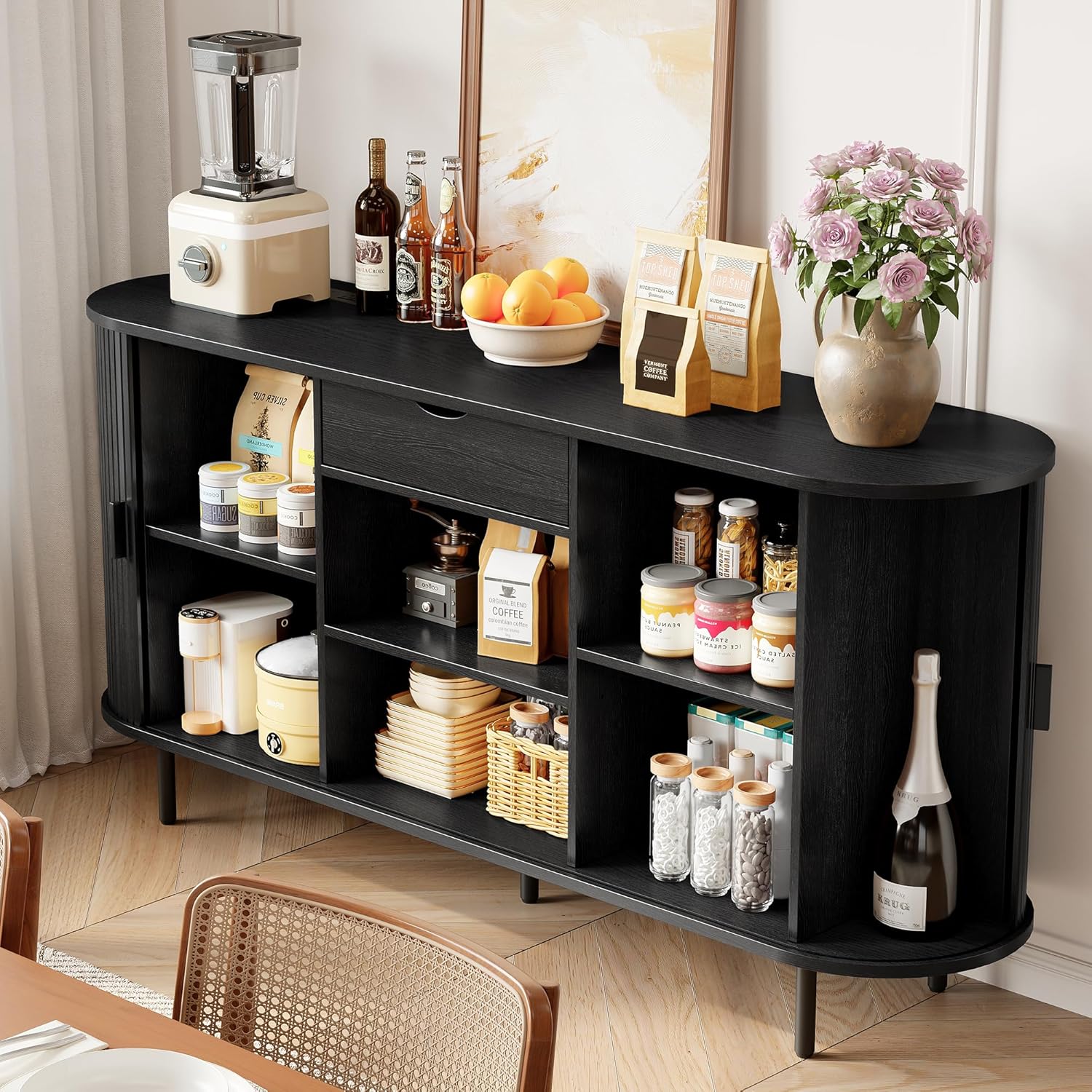 ONBRILL 63'' Fluted Sideboard Buffet Cabinet with Storage, Large Credenza Storage Cabinet with Drawers, Mid Century Modern Buffet Table Accent Console Cabinet for Kitchen Living Room Enrtyway, Black