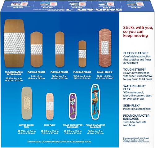 Miniatura 6 de Band-Aid Paquete variado de vendajes adhesivos de marca familiar en varios tamaños con bloque de agua flexible, tela flexible, Skin-Flex, tiras