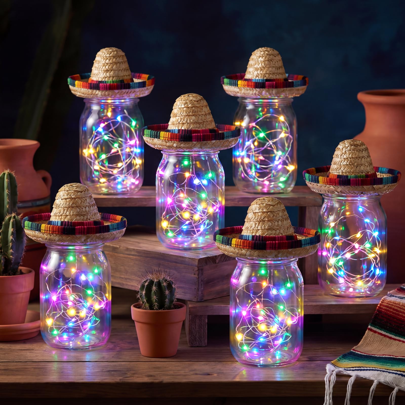 Set di 6 centrotavola messicani per feste messicane decorazioni per feste con barattoli di vetro, cappelli Sombrero, corde luminose per feste a tema taco, matrimoni, compleanni, giorno dei