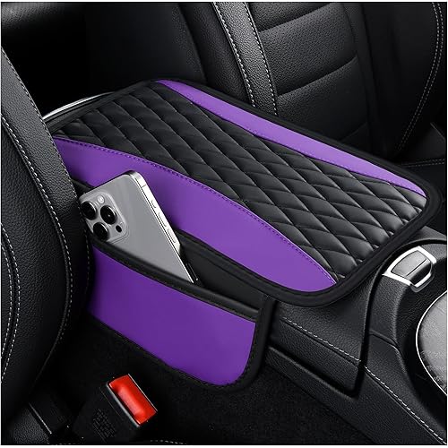 Patchwork Leather Center Console Covers for Cars,Upgraded Arm Rest Cover for Car with Side Storage Pocket for Car Seat Organizer,Middle Console Cover Stylish Car Decoration (Purple)