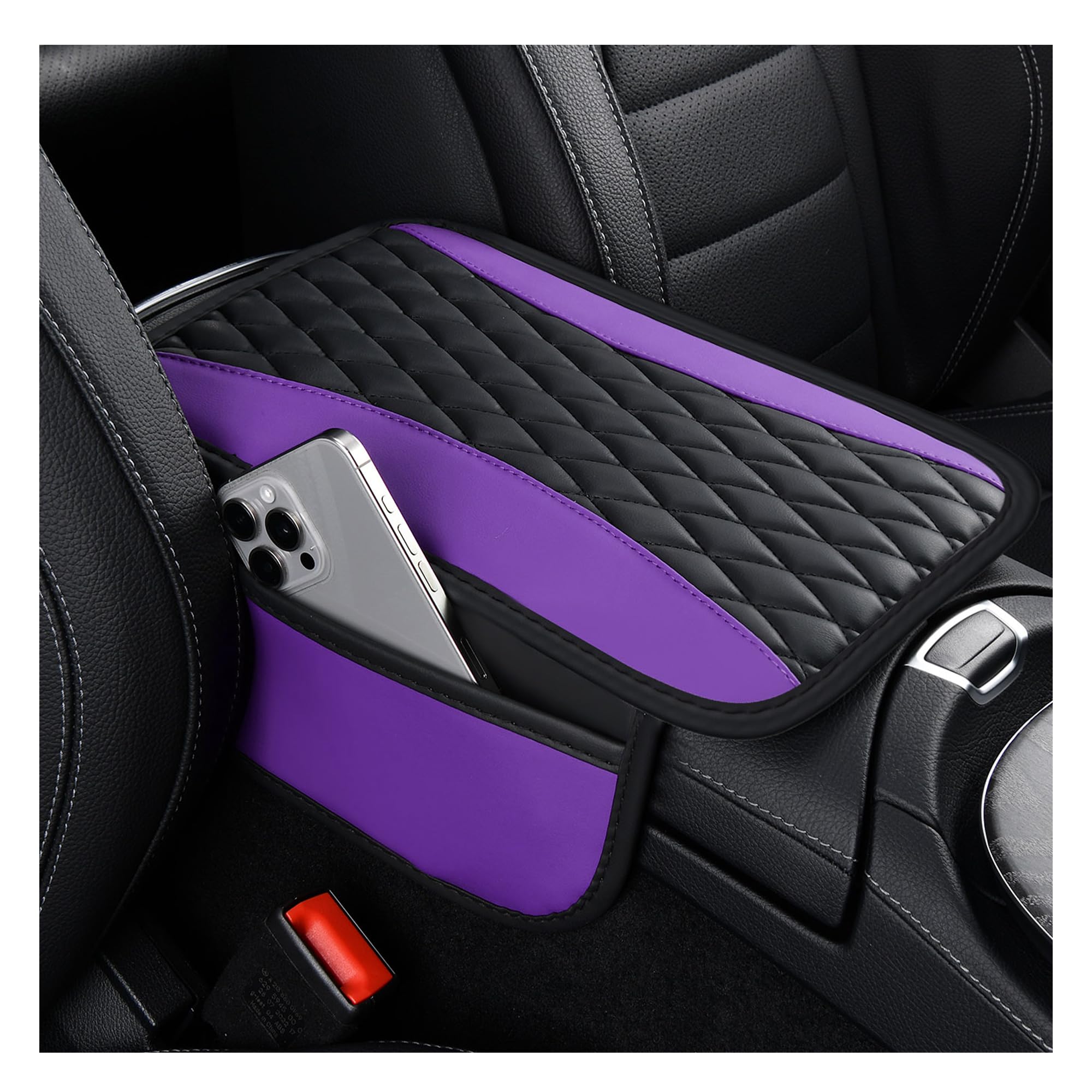 Photo 1 of IHOTDER Patchwork Leather Center Console Covers for Cars,Upgraded Arm Rest Cover for Car with Side Storage Pocket for Car Seat Organizer,Middle Console Cover Stylish Car Decoration (Purple)