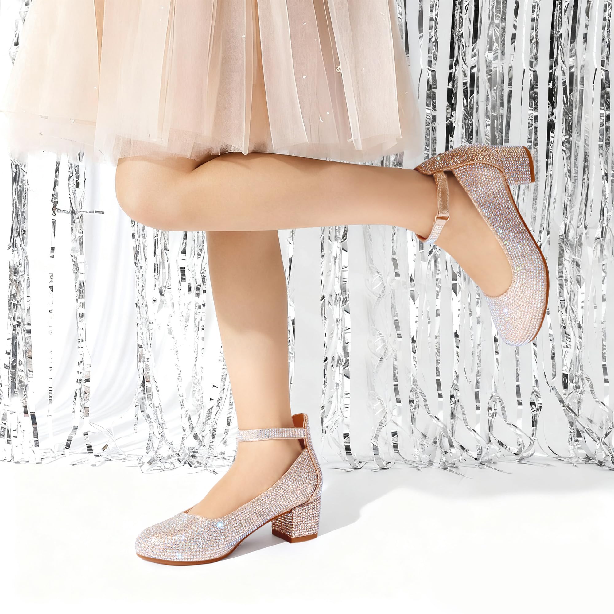 DREAM PAIRS Zapatos de Vestir para Niñas, Tacones Altos Gruesos con Tiras en El Tobillo para Fiestas, Bodas, Princesas, para Niñas Grandes