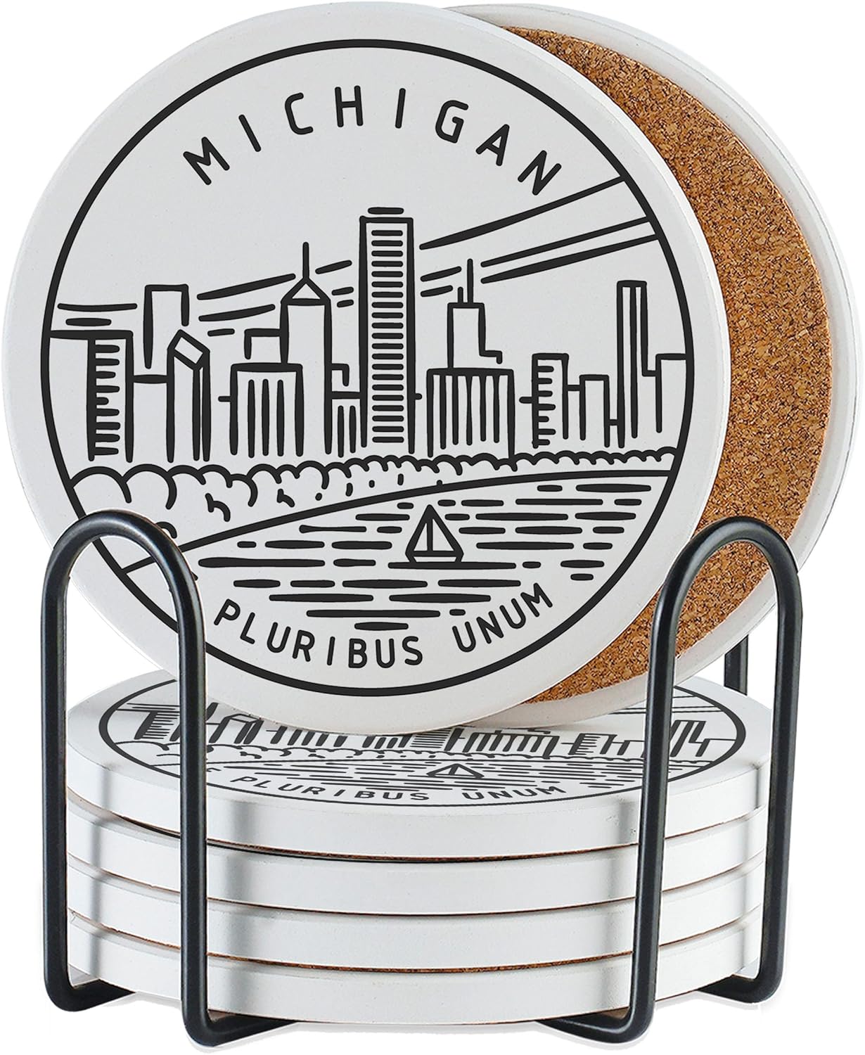 Onebttl Michigan Gifts Coaster Souvenir, Travel Homesick Gifts, Home Decor for Women, Moving, Housewarming, Set of 6, Ceramic, Absorbent with Cork Base