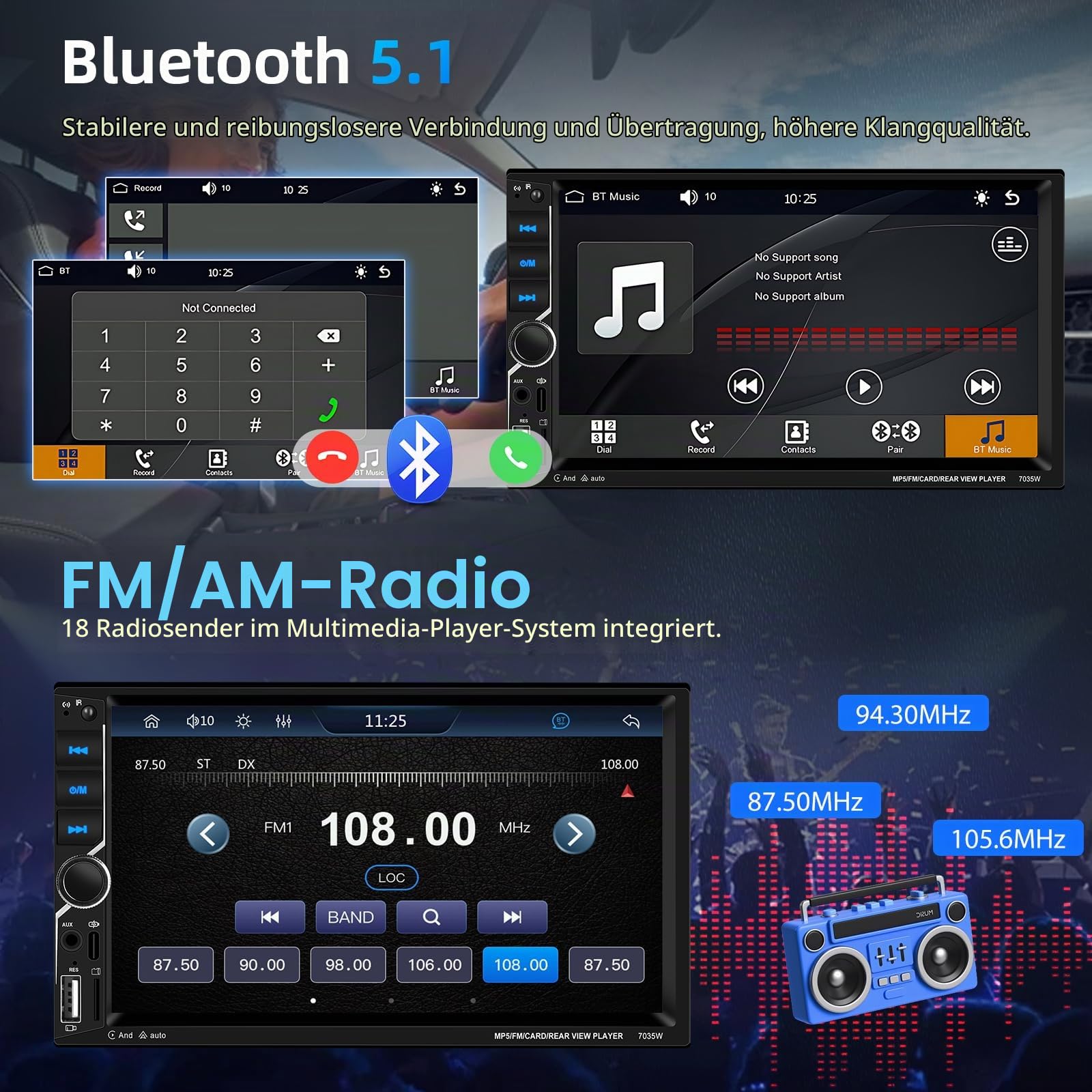 2 Din Carplay Car Stereo Bluetooth 5.1, 7 Zoll HD Touchscreen Autoradio Android Auto, Unterstützung MirrorLink, FM Radio, USB, AUX, Laden + Rückfahrkamera