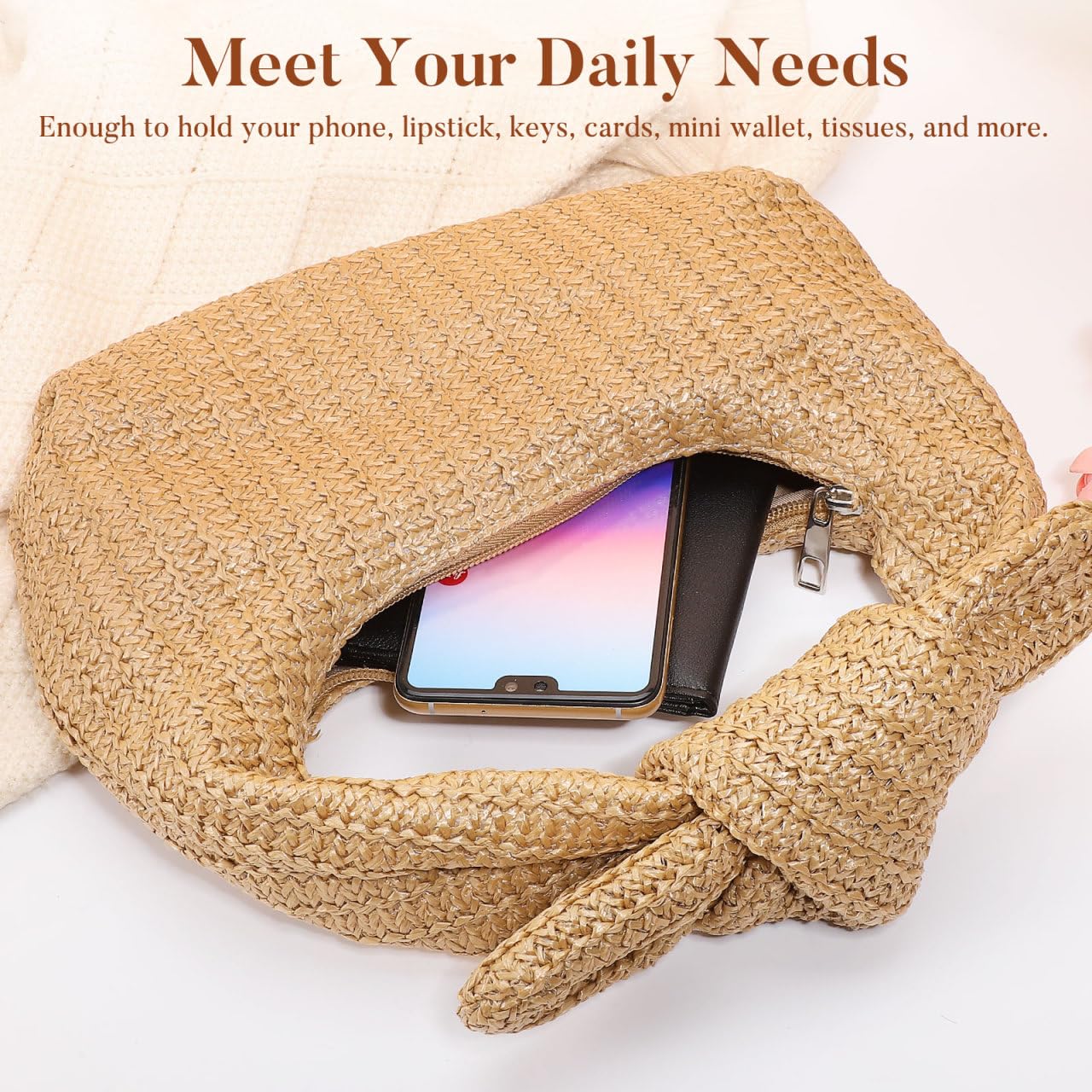 Bolso de mano de paja anudado para mujer, con lazo tejido, para verano, playa, bolso de mano, bolso de mano de noche, bolso de mano para verano, formal, boda, fiesta, beige, 24.00X13.00X5.00CM