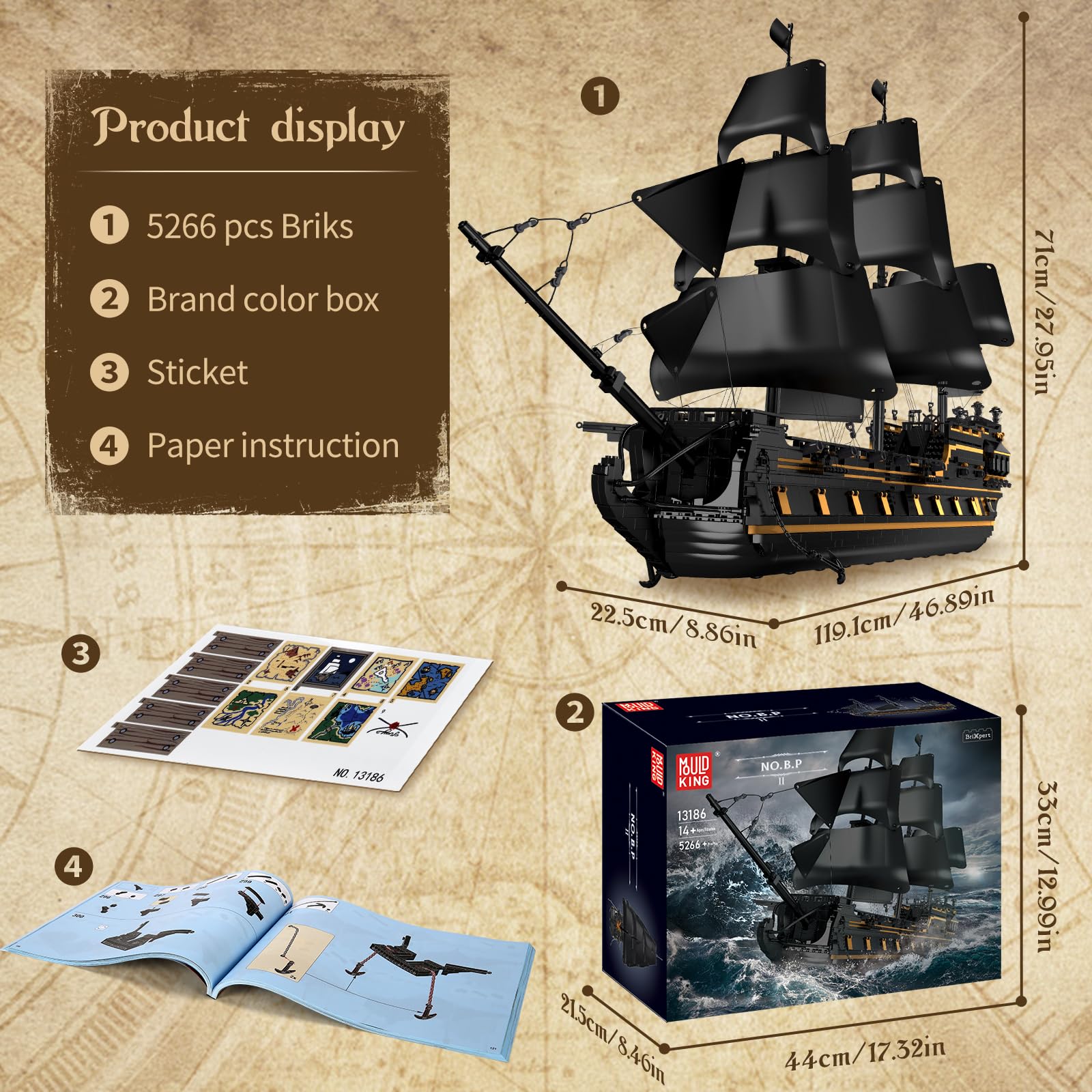 Mould King 13186 Piraten Schiff Modell Klemmbausteine Set, 5266 Stücke MOC Black Pearl Segelboot Modell Bausteine Set zu Bauen, Boot Kits Montage Spielzeug für großes Geschenk und Sammlungen