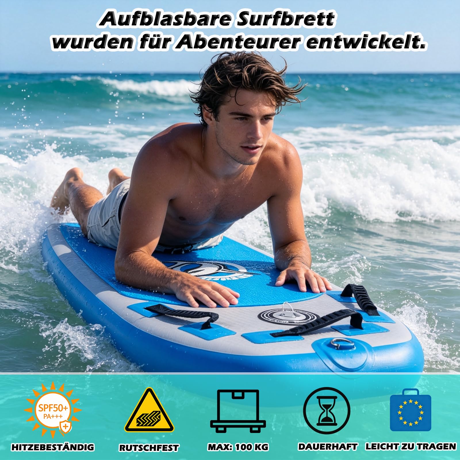 Bodyboard hinchable 105 x 53 x 10 cm, 3 asas para un mejor control, 2 aletas laterales para mayor estabilidad, superficie antideslizante EVA, incluye correa de seguridad, bomba y bolsa de transporte