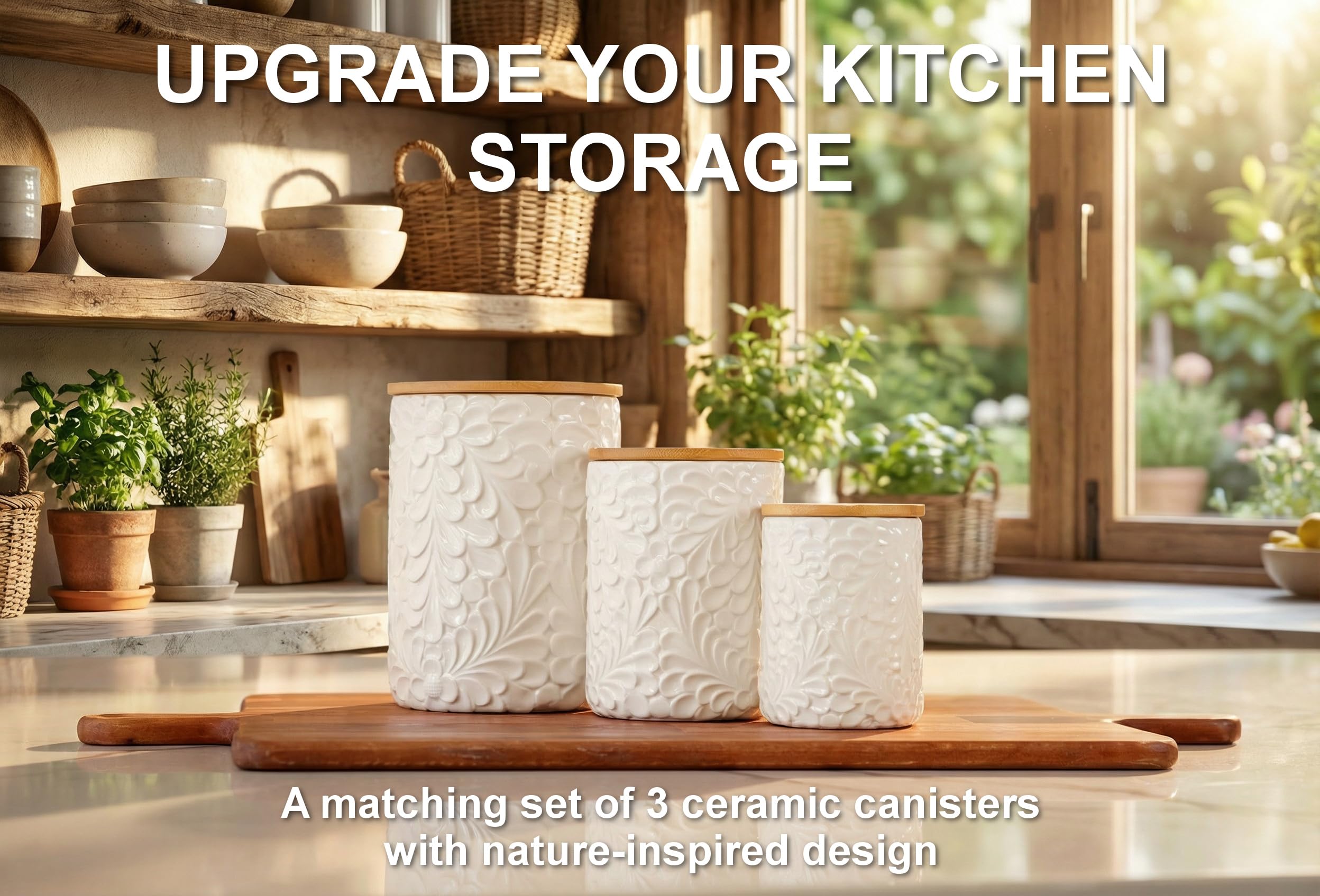 Set di 3 contenitori da cucina con design inciso, con coperchio ermetico in bambù, per farina, tè, caffè, zucchero, spezie, contenitori decorativi per farina, tè, caffè, zucchero, spezie, set da 3
