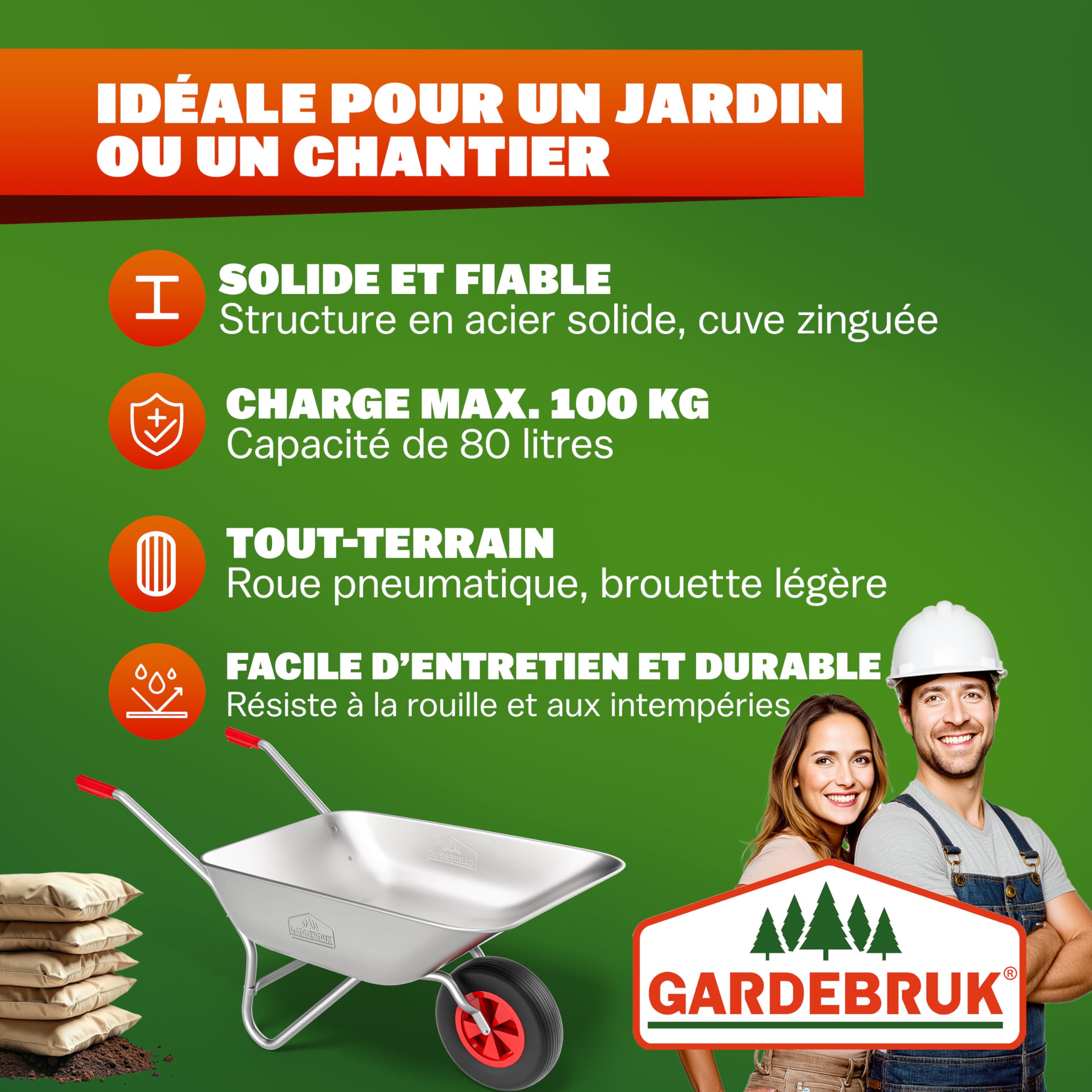 GARDEBRUK® Brouette 80L Max. 100kg galvanisée poignée Caoutchouc brouette Jardin brouette de Chantier Jardinage Chariot de Transport Roue de brouette pneumatique outils jardinage