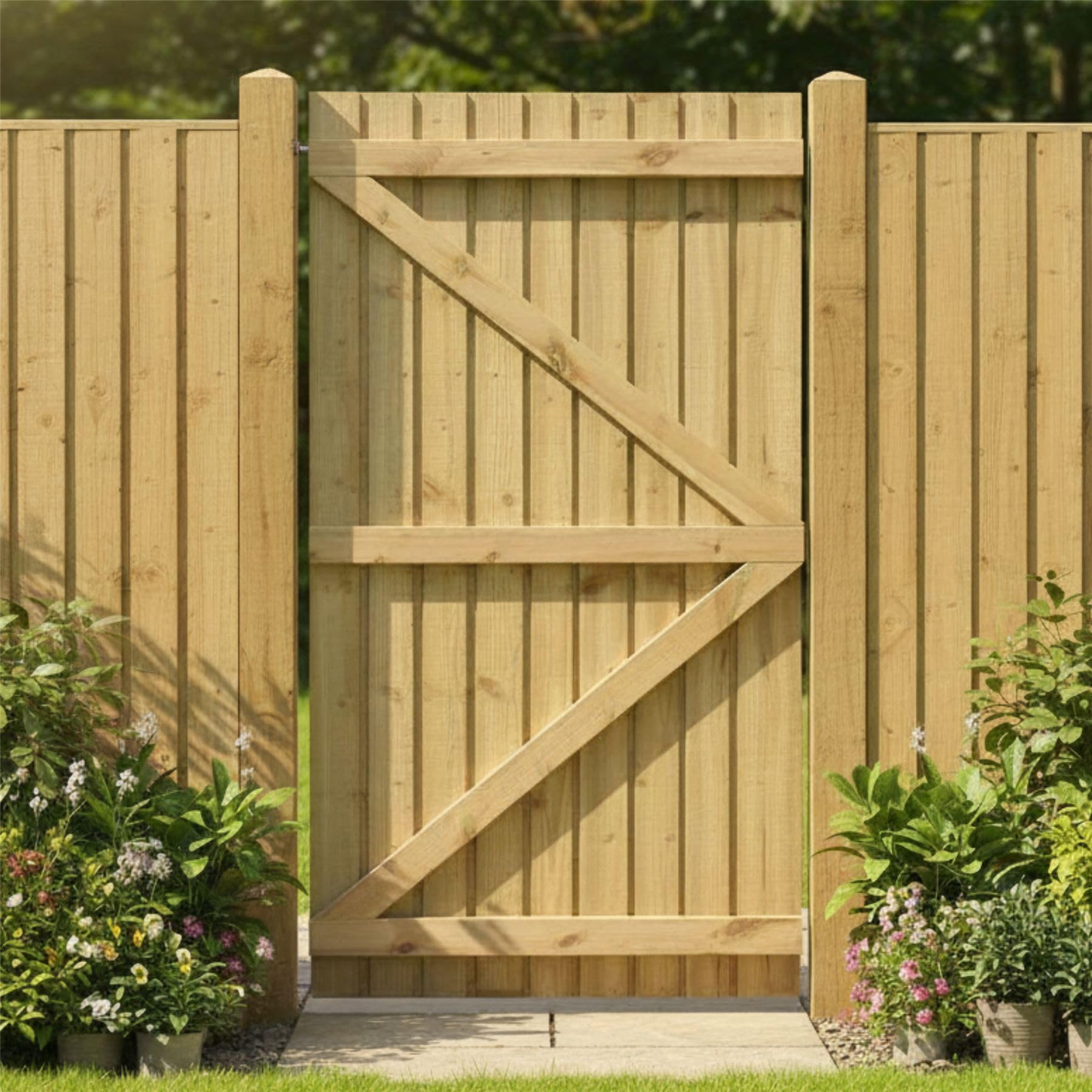 Flat Top Wooden Garden Gate 6x3.5ft - Feather Edge Semi-Braced Treated Timber Door, H:6ft x W:3.5ft Ideal for Outdoor Pathway Home Access (High: 180cm x Wide: 105cm)