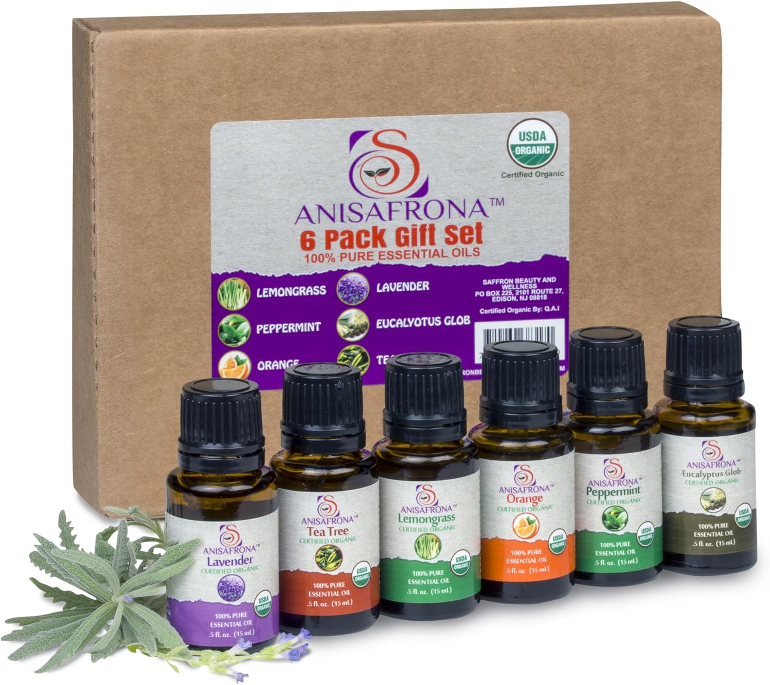 | 6 Organic USDA Certified Essential Oils (15ml or 0.5fl oz/Bottle). Lemongrass, Lavender, Peppermint, Eucalyptus Glob, Orange, Tea Tree