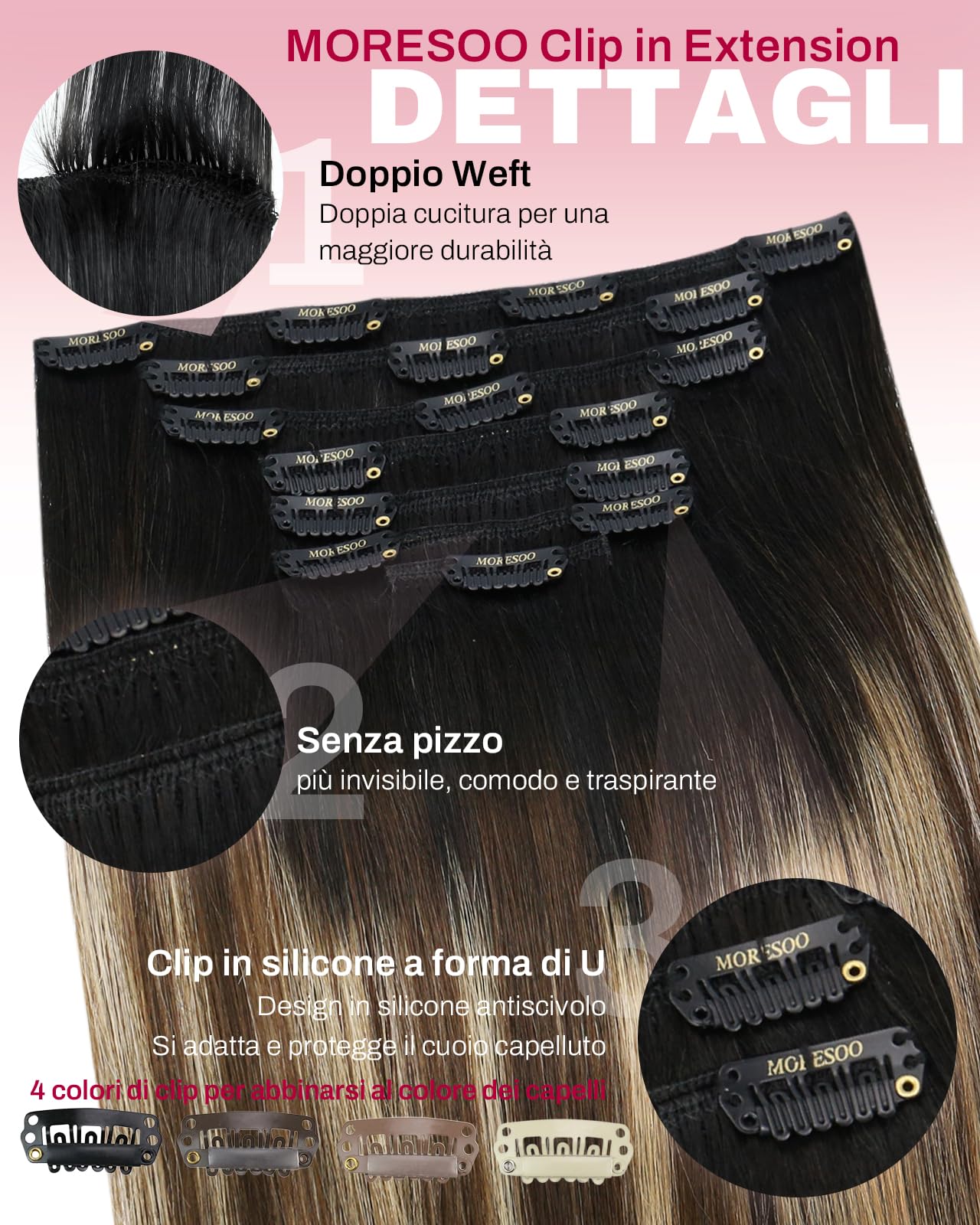 Moresoo Extension Cheveux Naturel Clip Noir Naturel à Brun 45 cm 120g